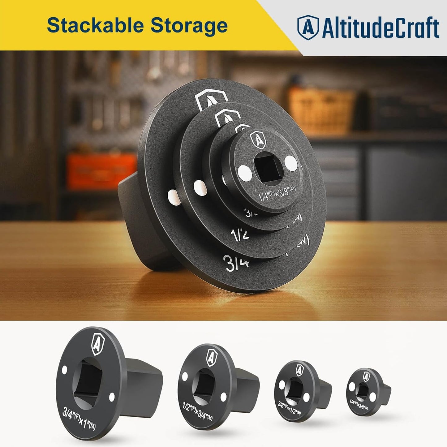 Low Profile Impact Socket Adapter Set - 4PC Drive Ratchet Adapters for Tight Spaces, 3/8" to 1/2", 1/4" to 3/8", 3/4" to 1", 1/2" to 3/4"