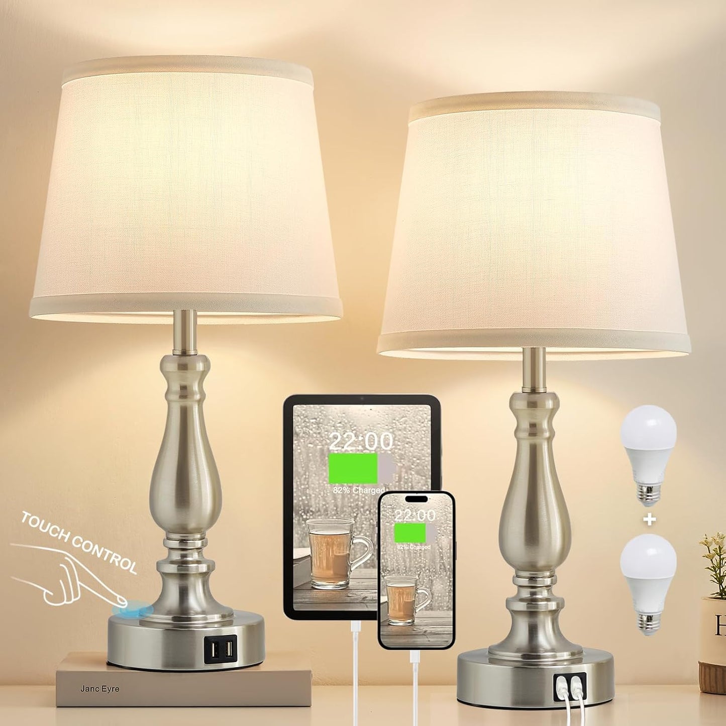 Touch Bedside Table Lamps Set of 2 with USB C+A Ports - 3-Way Dimmable Linen Shade