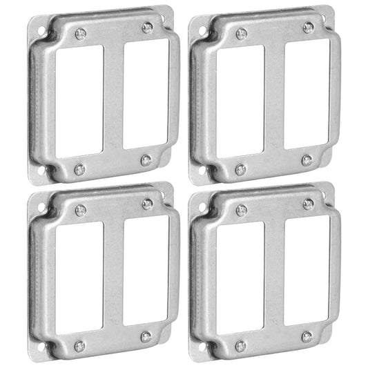 (Pack of 4) 4" Square Double Decora Switch Electrical Box Cover, 1/2" Raised, Exposed Work, Galvanized Steel, Crushed Corners, 2-Gang