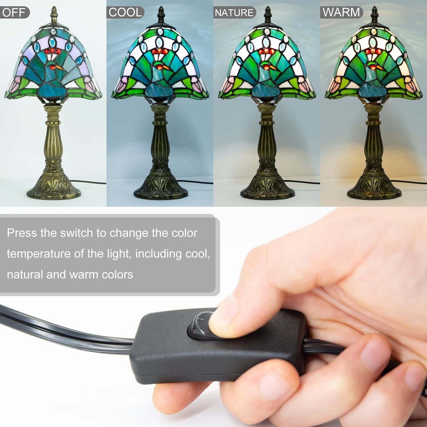 Tiffany Table Lamp - 8 Inch Antique Stained Glass, 3 Color Temperatures, Handcrafted for Bedroom & Living Room