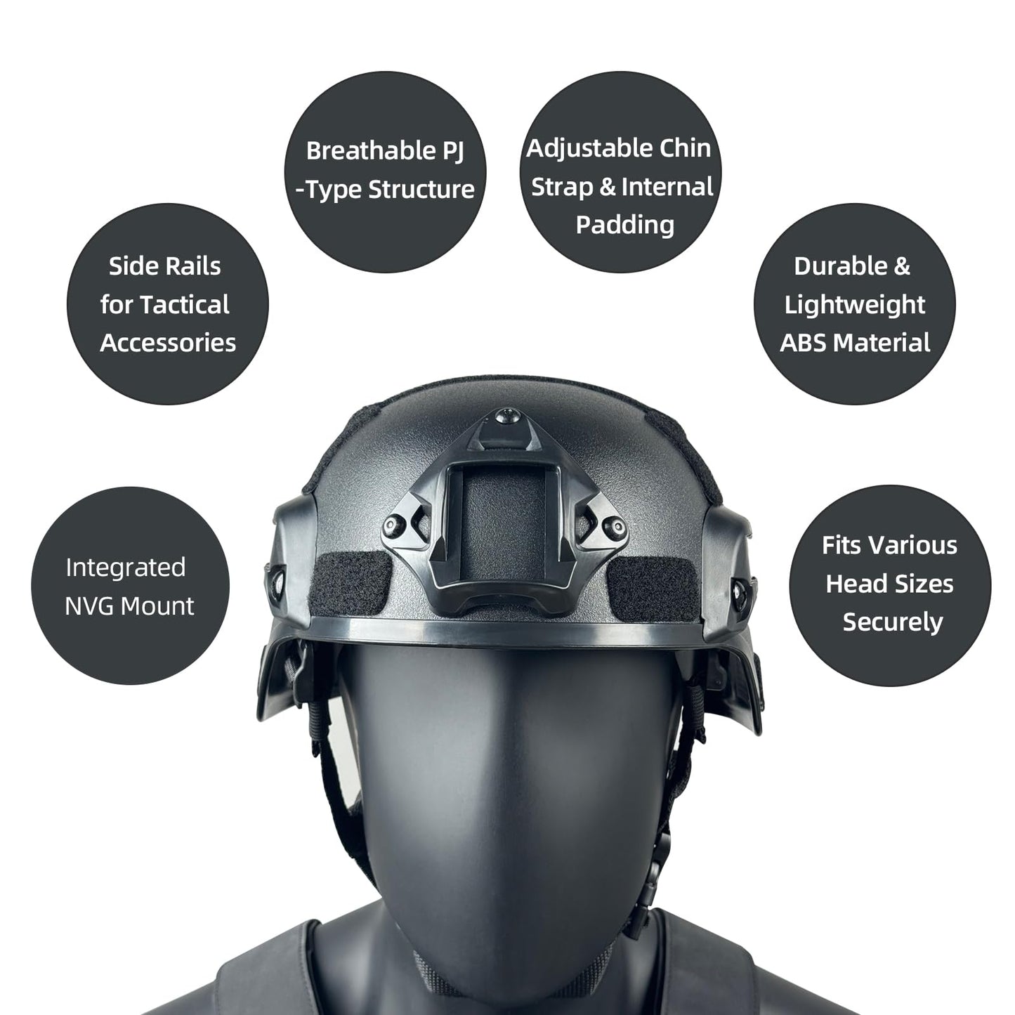 Tactical Helmet with NVG Mount, Adjustable Fast Helmet for Airsoft, Paintball, CS Game – Lightweight ABS Material with Side Rails – Fits Head Circumference 50-63cm