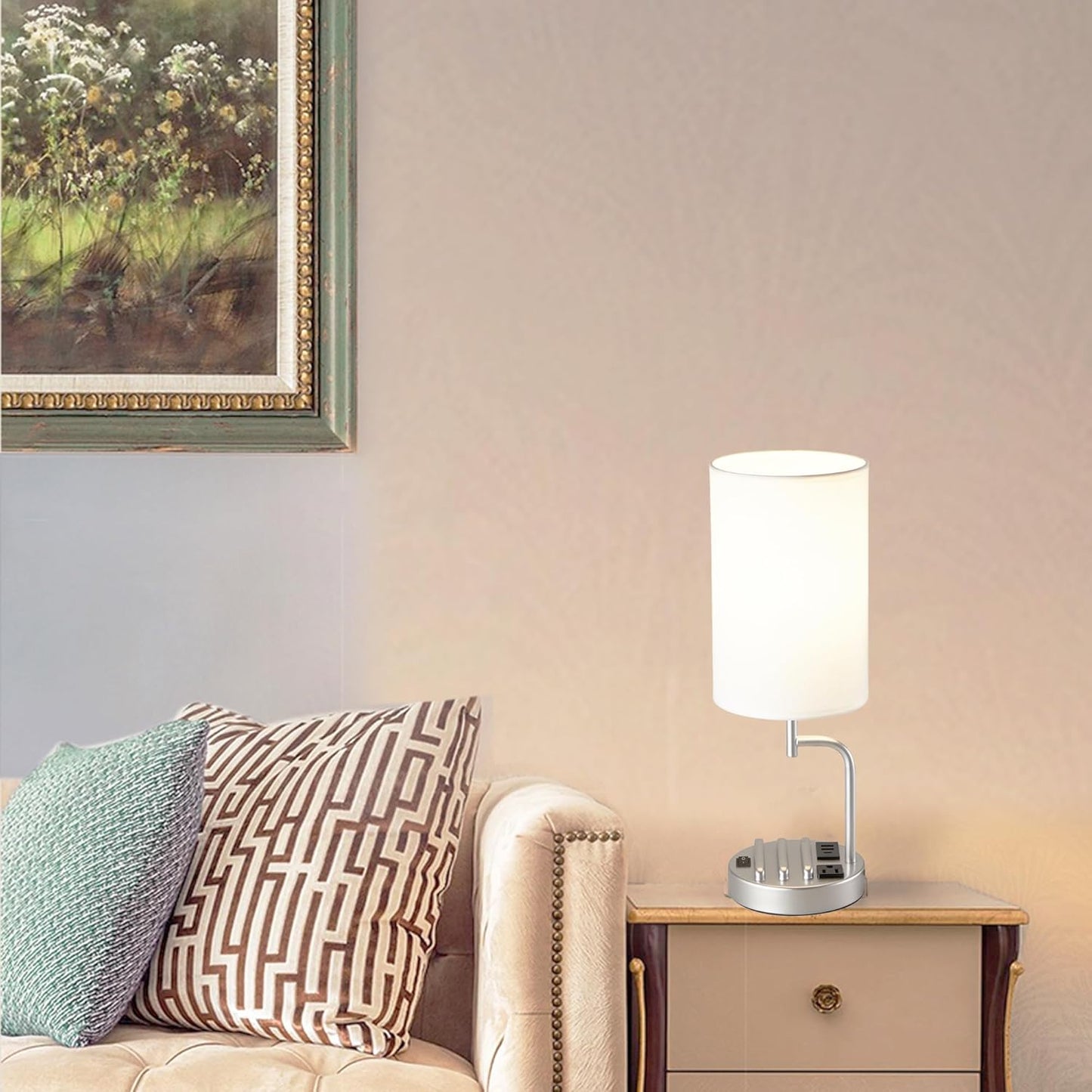 Modern Table Lamp with 3 USB Ports & AC Outlet - Set of 2 Bedside Desk Lamps in Silver