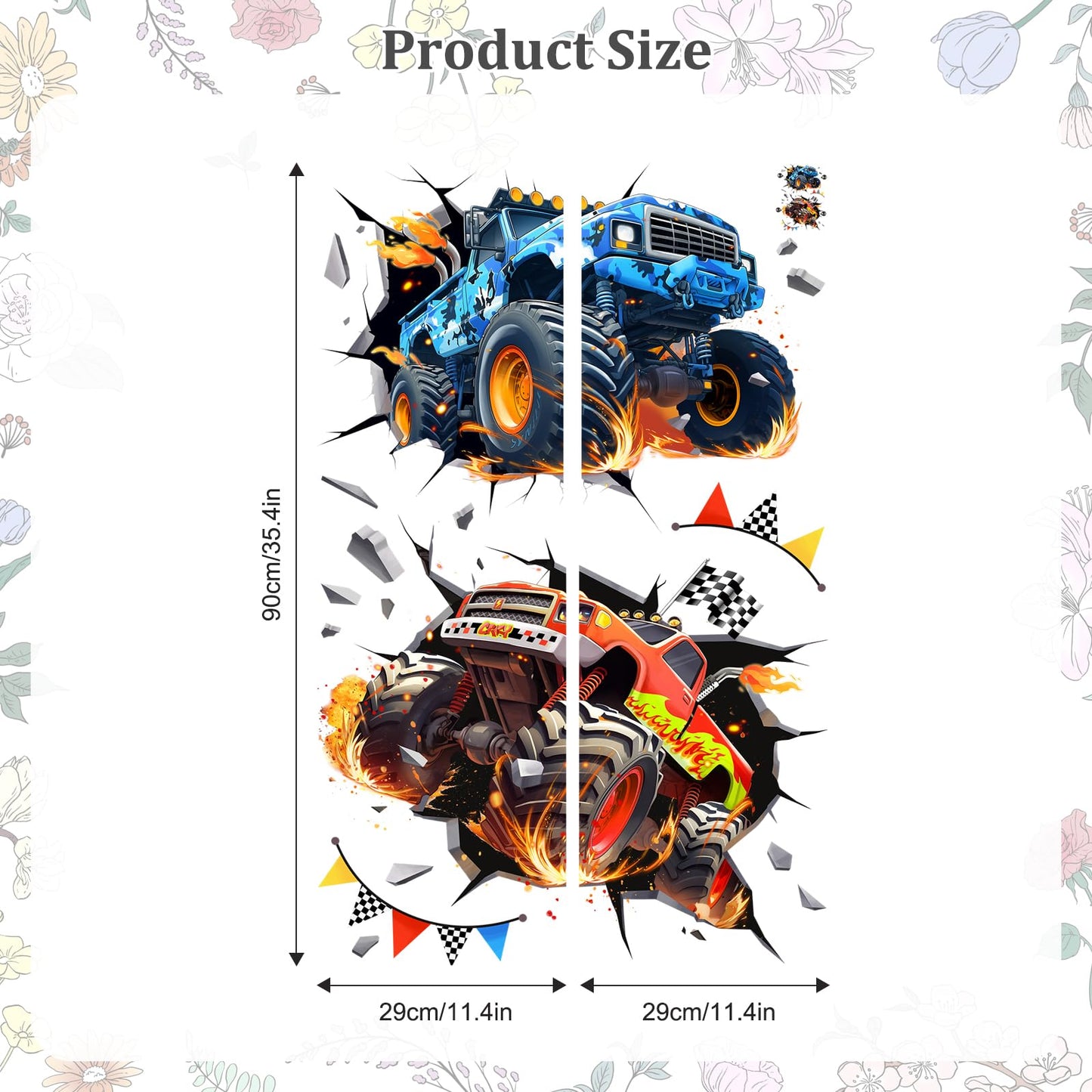 3D Crazy Racing Wall Decals, Truck Vehicles Wall Stickers Ball Games Peel and Stick Decal Self Adhesive Sticker for Boys Kids Room Home Decor