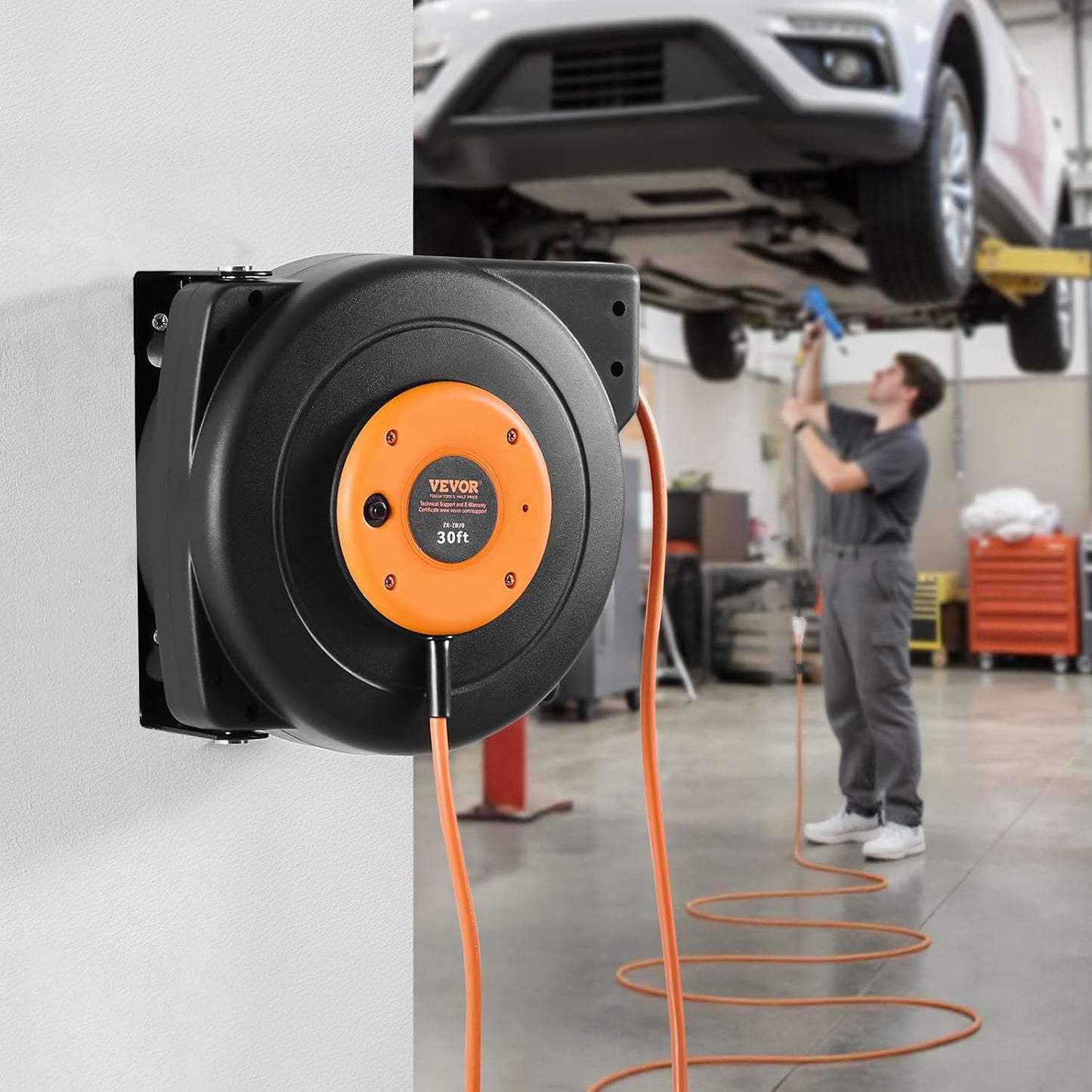 30 FT Retractable Extension Cord Reel - Heavy Duty 16AWG with Lighted Triple Tap Outlet & Circuit Breaker for Garage/Shop