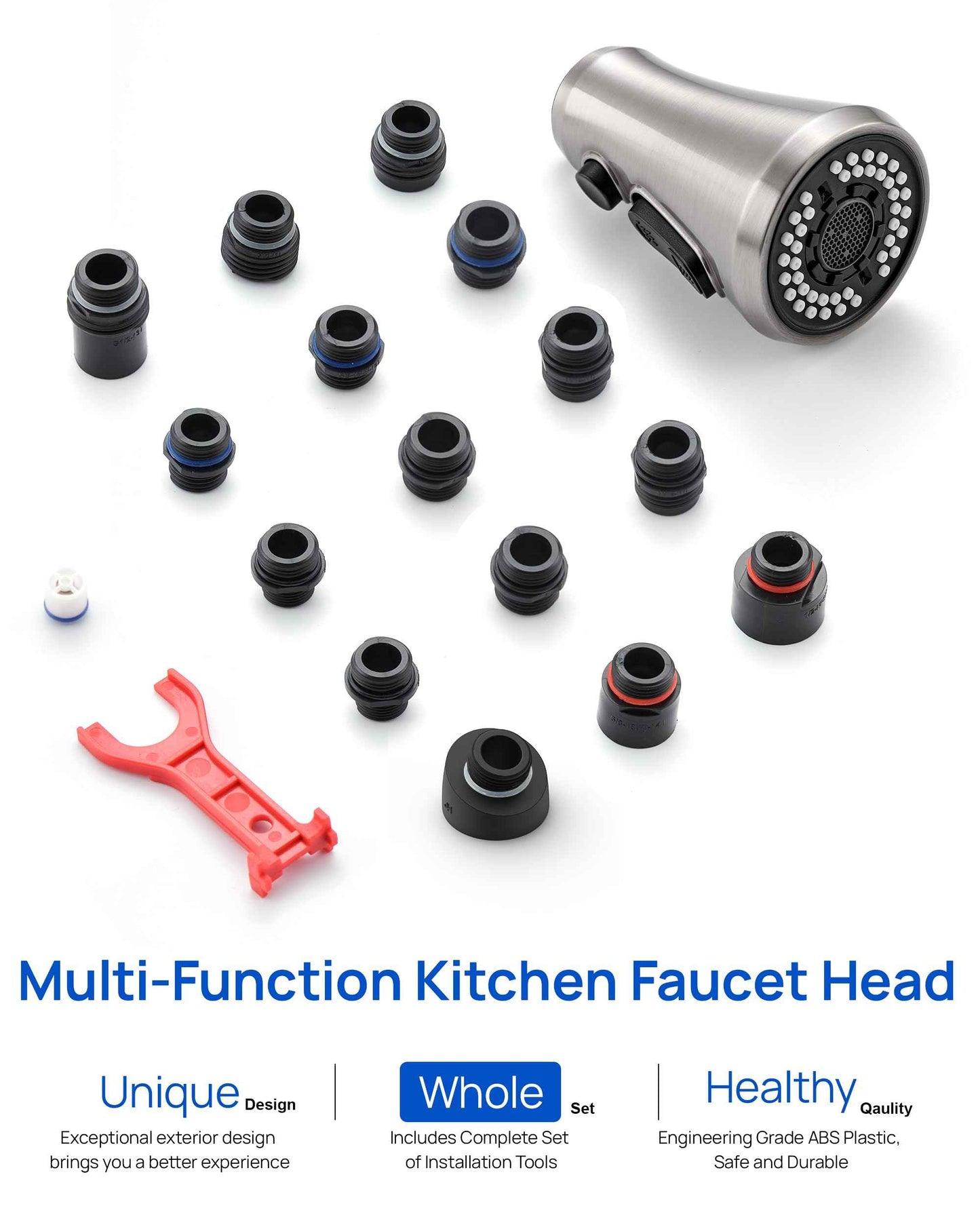 J-HVA Kitchen Faucet Head, Pull Down Kitchen Sink Sprayer Head Replacement for Kitchen Faucet, 3 Functions High Pressure Sink Spray Nozzle, Spray Head with 15 Adapters, Brushed Nickel