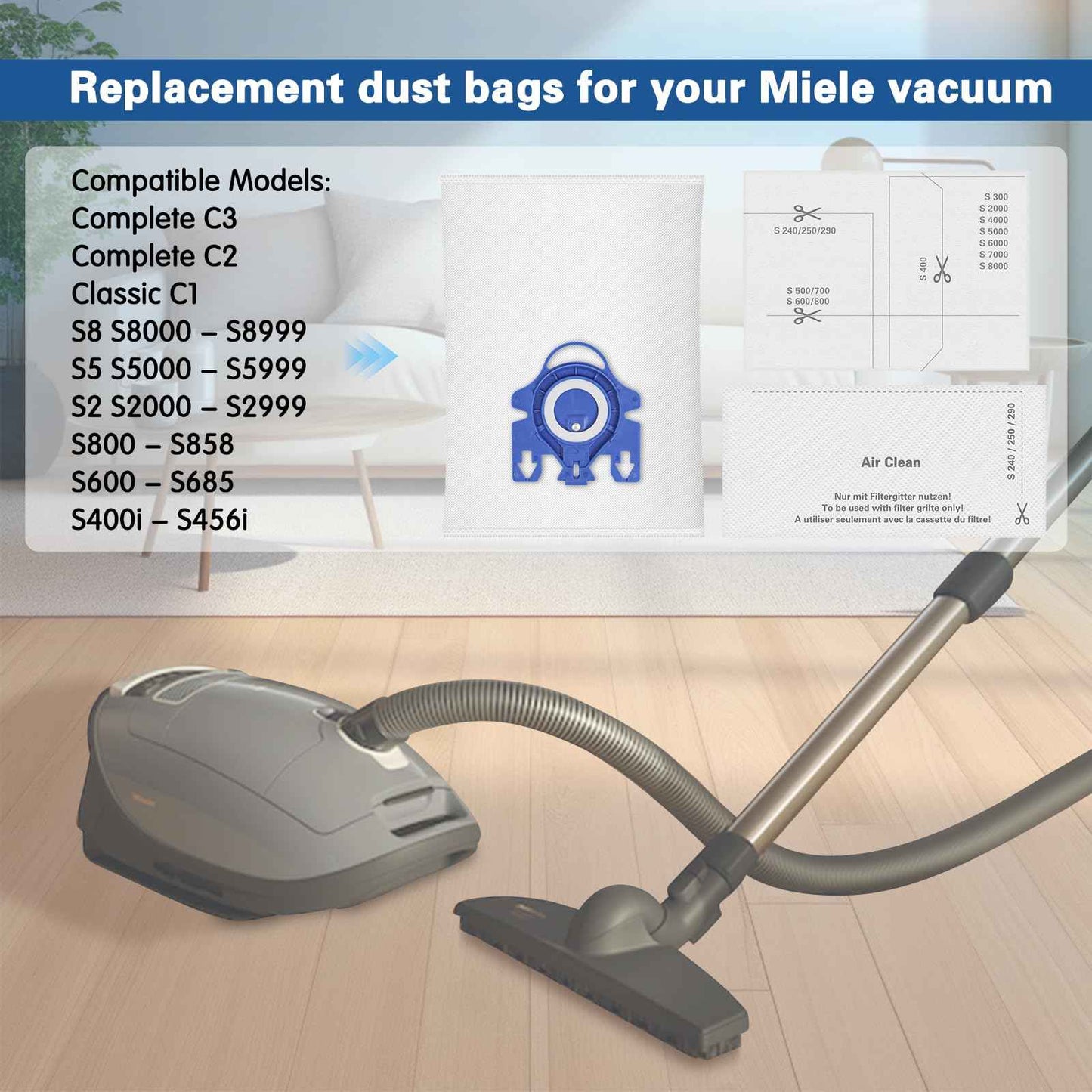 12 Pack 3D Airclean Dust Bags Compatible with Miele GN Vacuum Cleaner Bags for Classic C1 Complete C2 Complete C3 S2 S5 S8 S400i S600 S800 Series with 4 Motor Filters, 4 Exhaust Filters