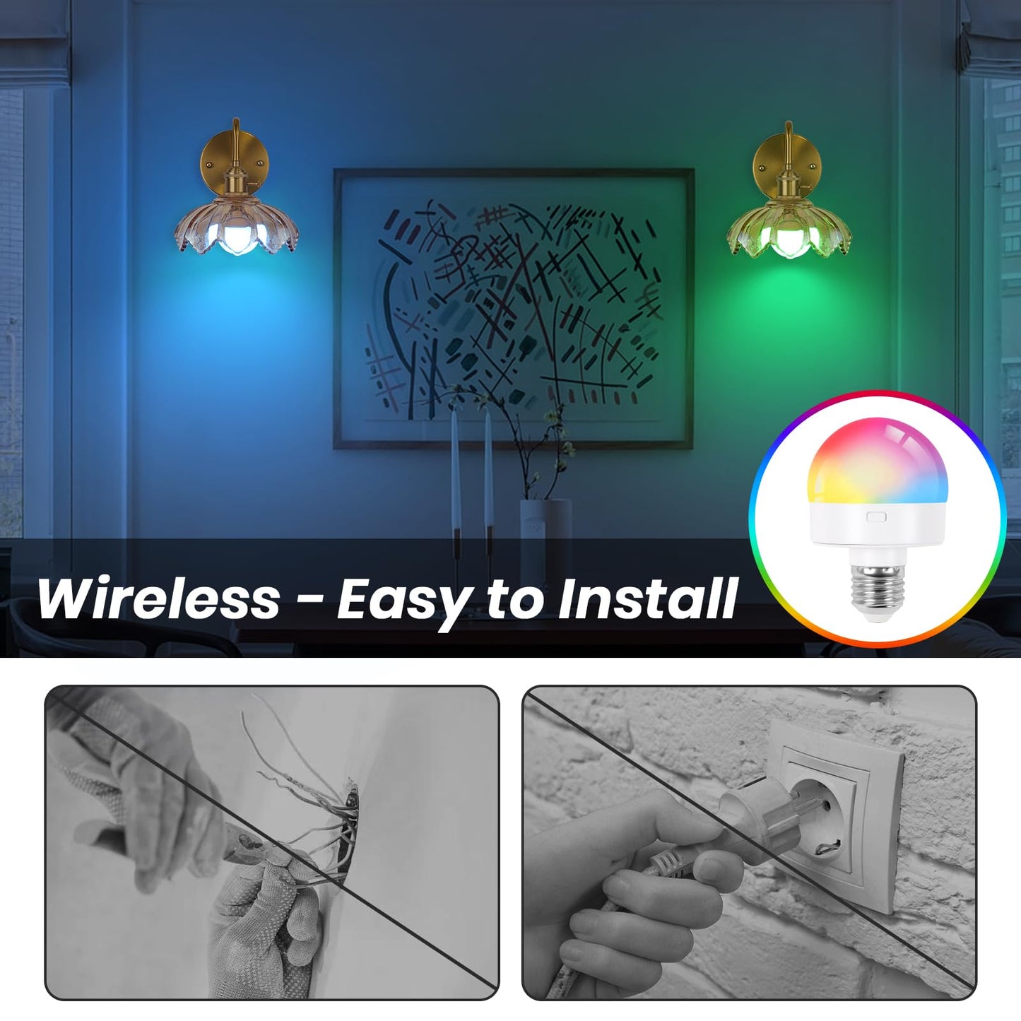 EIDEARAY Vintage Glass Sconces, Battery Operated Wall Light with Remote, Rechargeable Wall Sconces RGB, No Socket Required, Easy to Install, Vintage Wall Sconce for Bedroom, Hallway, Aisle