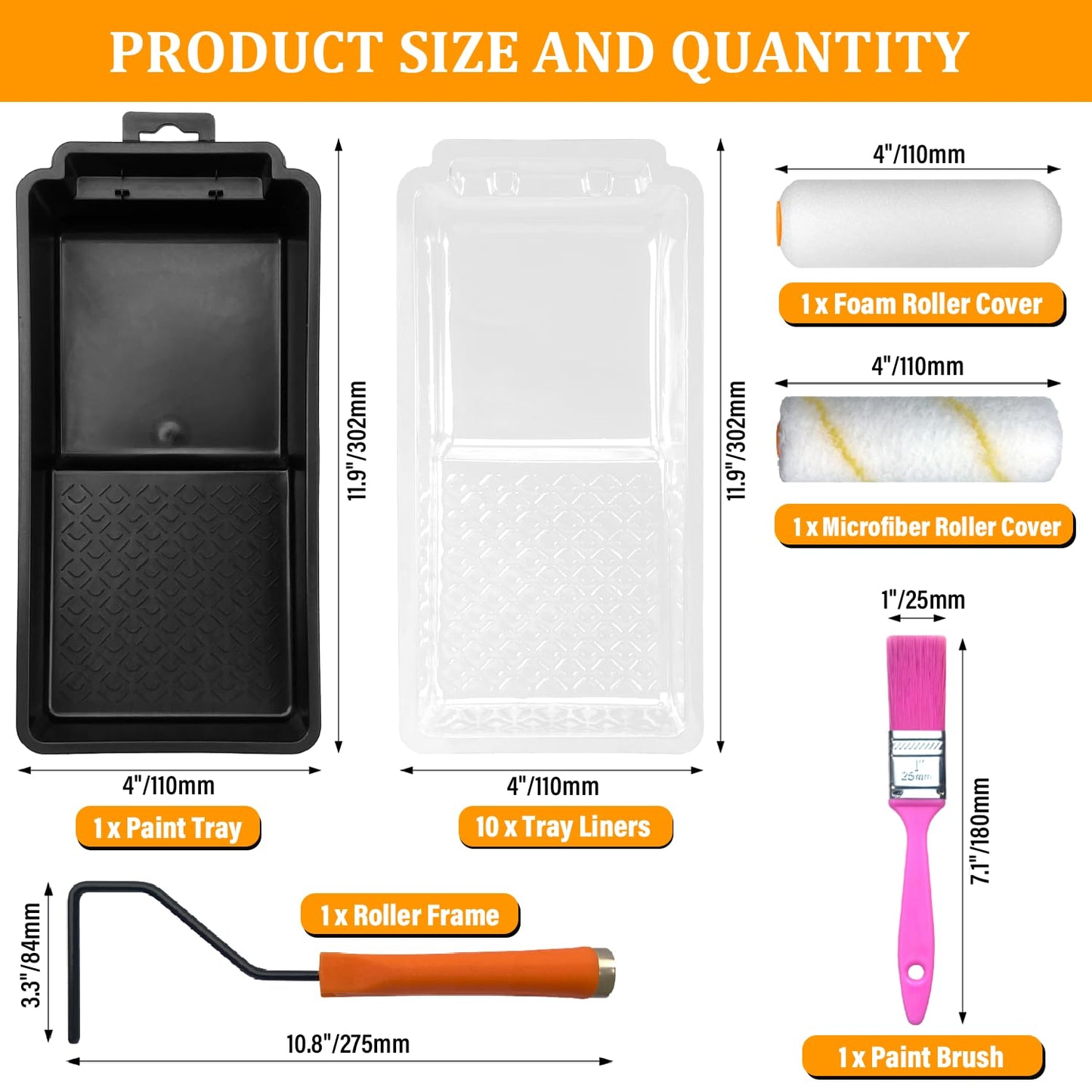 Greatandrew 4-inch Paint Roller Tray Set, 15-Pack Painting Tool Kit - 11 Paint Tray & Liners, Foam & Microfiber Paint Roller, Roller Frame, Paint Brush for Painting Wall, DIY Project