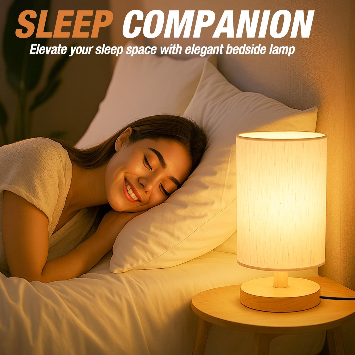 EZIYIN Desk Lamp LED Bulb Included, Small Bedside Table Lamp Plug-in - Classic Wood Base with Flaxen Fabric Shade, Lamps for Night Stands, Simple Nightstand Light for Bedroom, Office, Desk