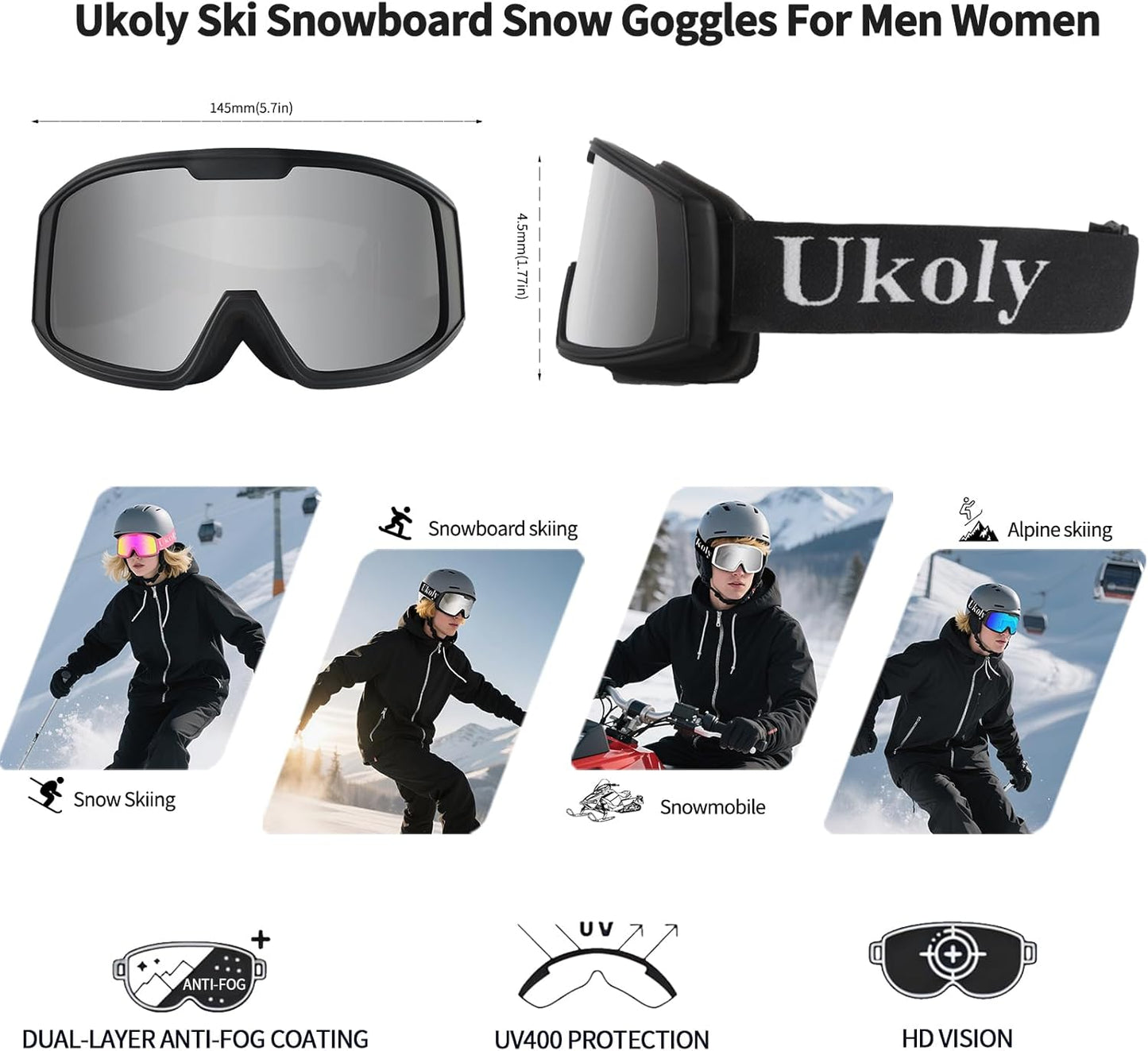 Ukoly Ski & Snowboard Goggles - HD Lens, Anti-Fog Coating, UV400 Protection | Unisex Design
