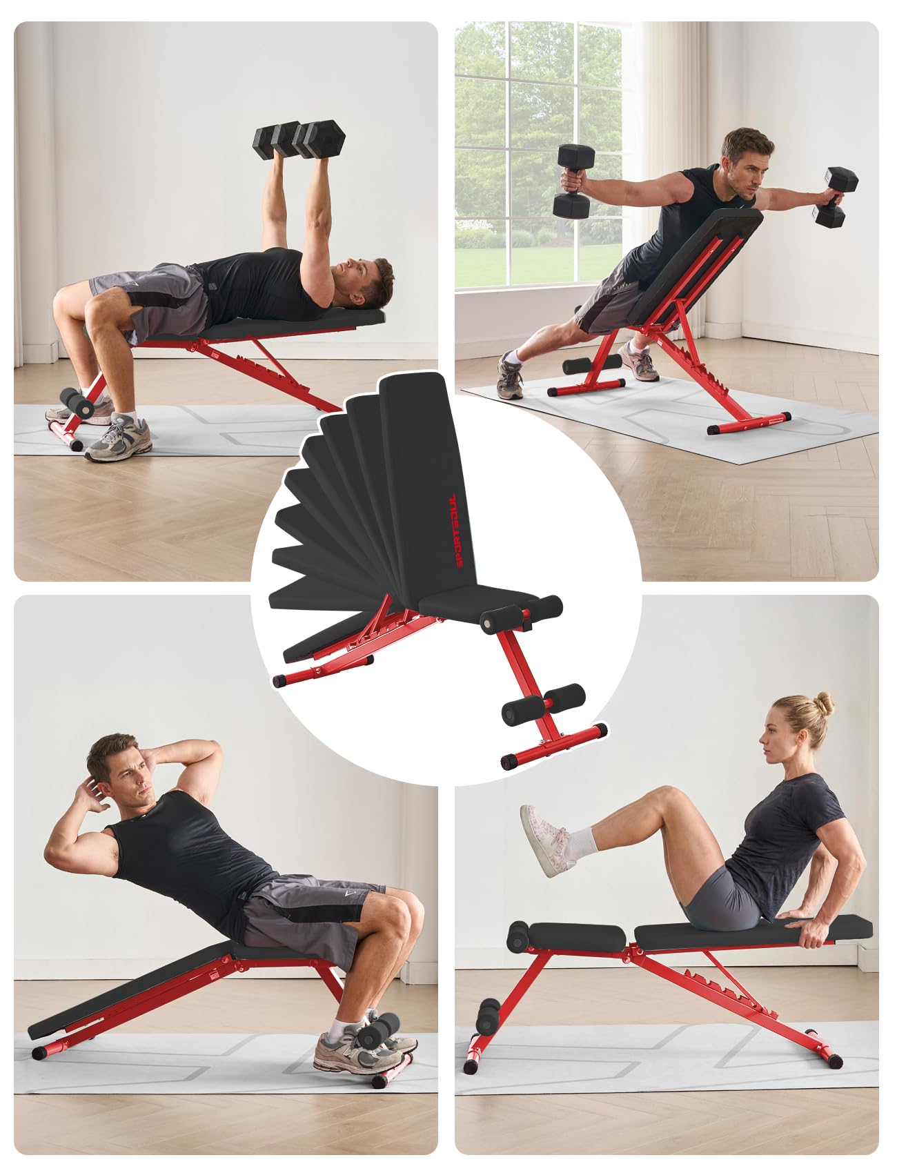 SPORTSOUL 880LB Weight Bench for Home Gym, 8-Position Backrest Adjustable Workout Bench for Strength Training – Incline Decline Flat, Foldable & Compact for Small Space Apartment Room Garage