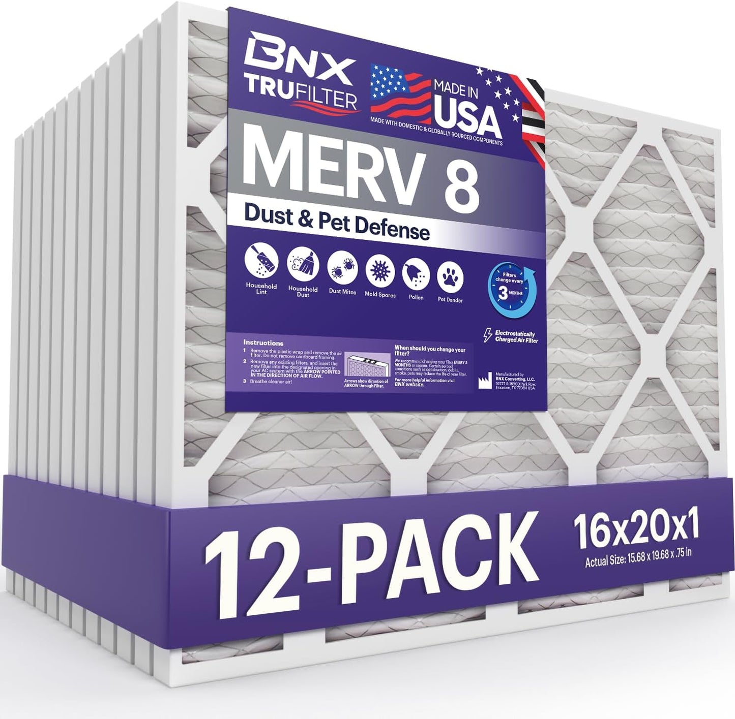 BNX TruFilter 12x12x1 MERV 8 Air Filters (6-Pack) - USA-Made Dust & Pet Defense for HVAC