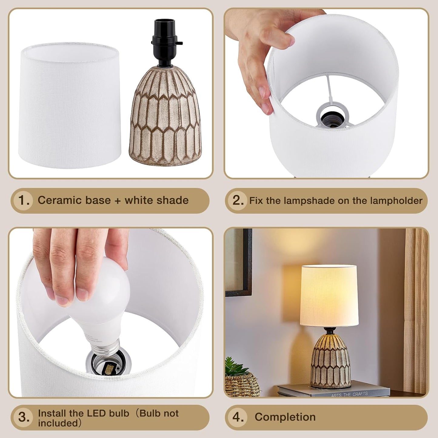 Boho Table Lamps Set of 2 - 13.5" Rustic Ceramic Bedside Lamps for Bedroom & Living Room