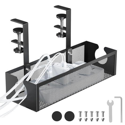 YECAYE No-Drill Metal Under Desk Cable Management Tray, Power Strip & Cable Organizer for Home Office,Under Desk Storage,Organizer Tray,Black