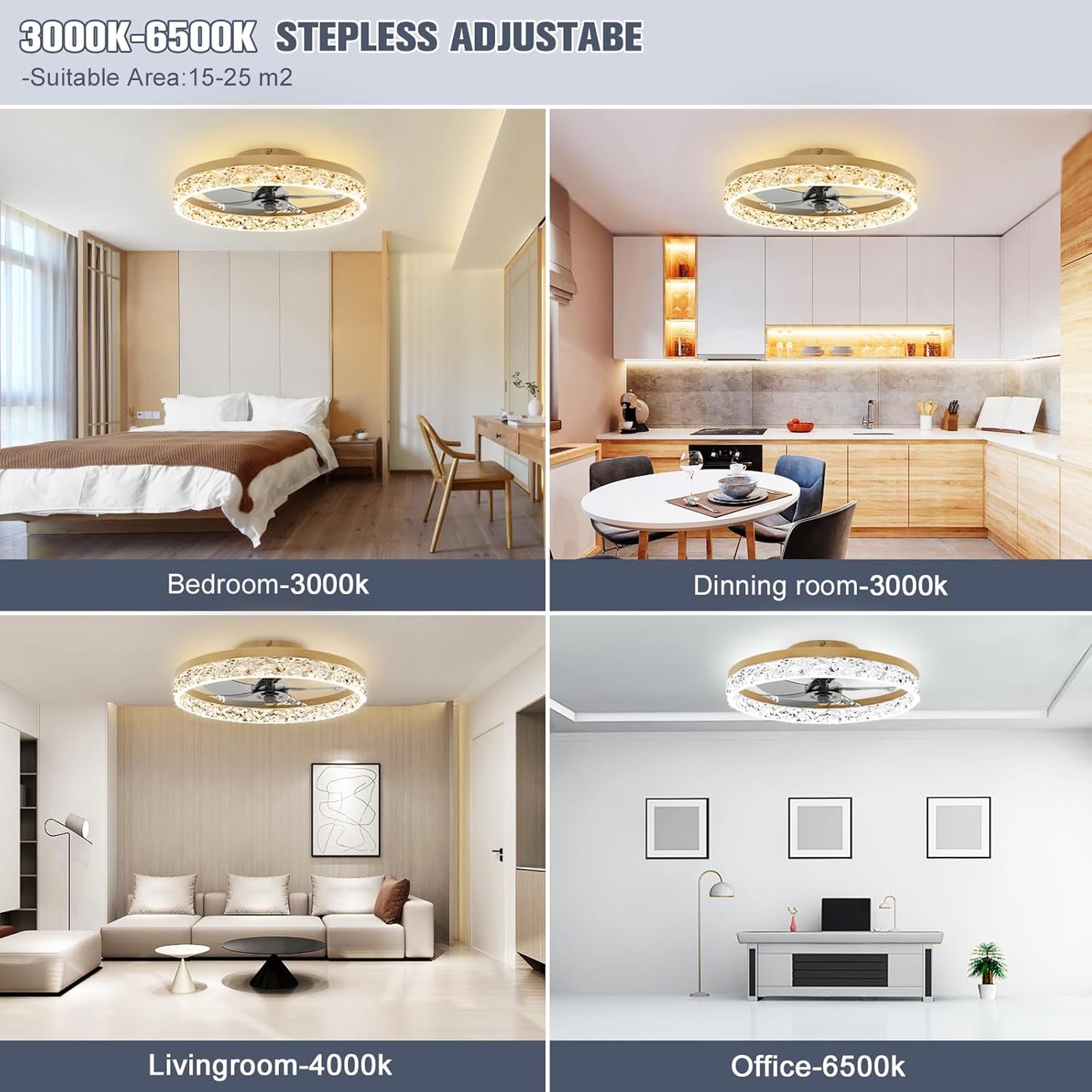 Modern Bladeless Ceiling Fan with Light & Remote - 15.7in Low Profile Fandelier, Dimmable 3000K-6500K for Bedroom