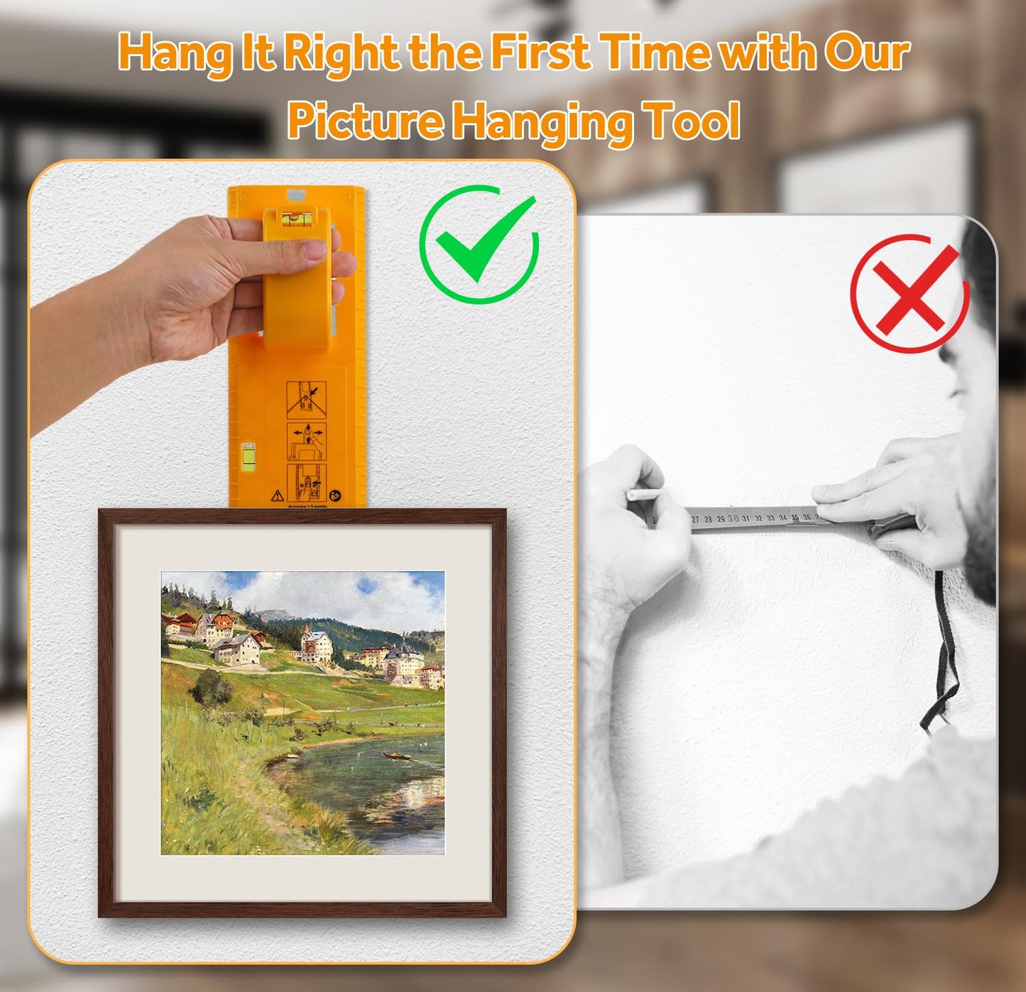 Picture Hanging Kit with Position Nail, Picture Hanging Tool with Level, Perfect Wall Picture Hanger for Frame, Art, Painting, Photo, Poster