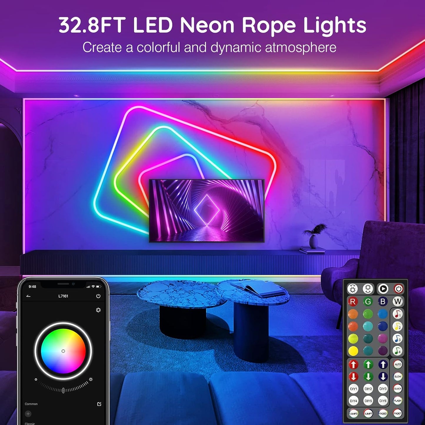 50FT LED Neon Rope Lights - App/Remote Control, Waterproof RGB Strip for Outdoor & Bedroom Decor, Music Sync & Multiple Modes