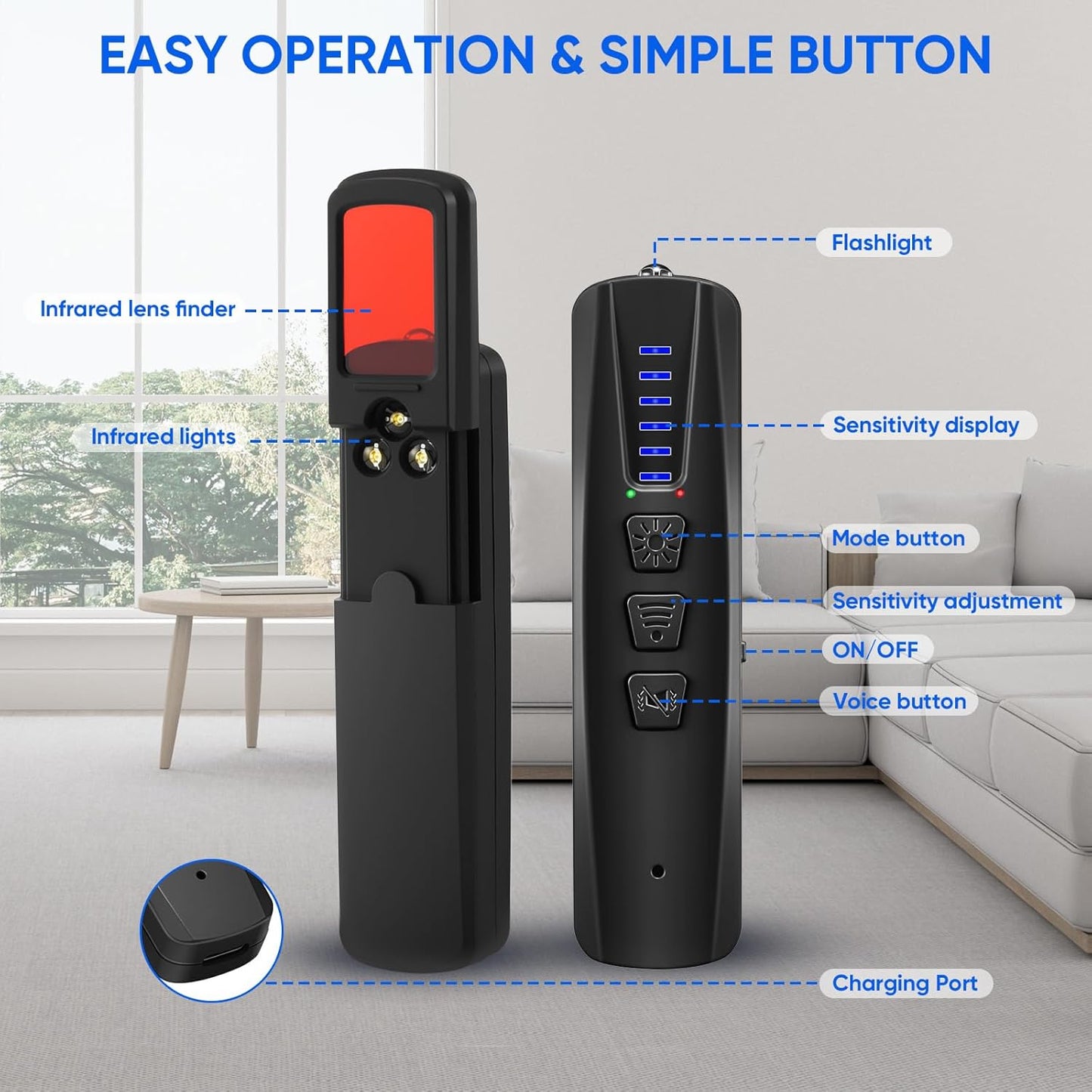 AI Bug Detector & Hidden Camera Finder - Rechargeable RF WiFi Signal Scanner for Travel, Office & Home
