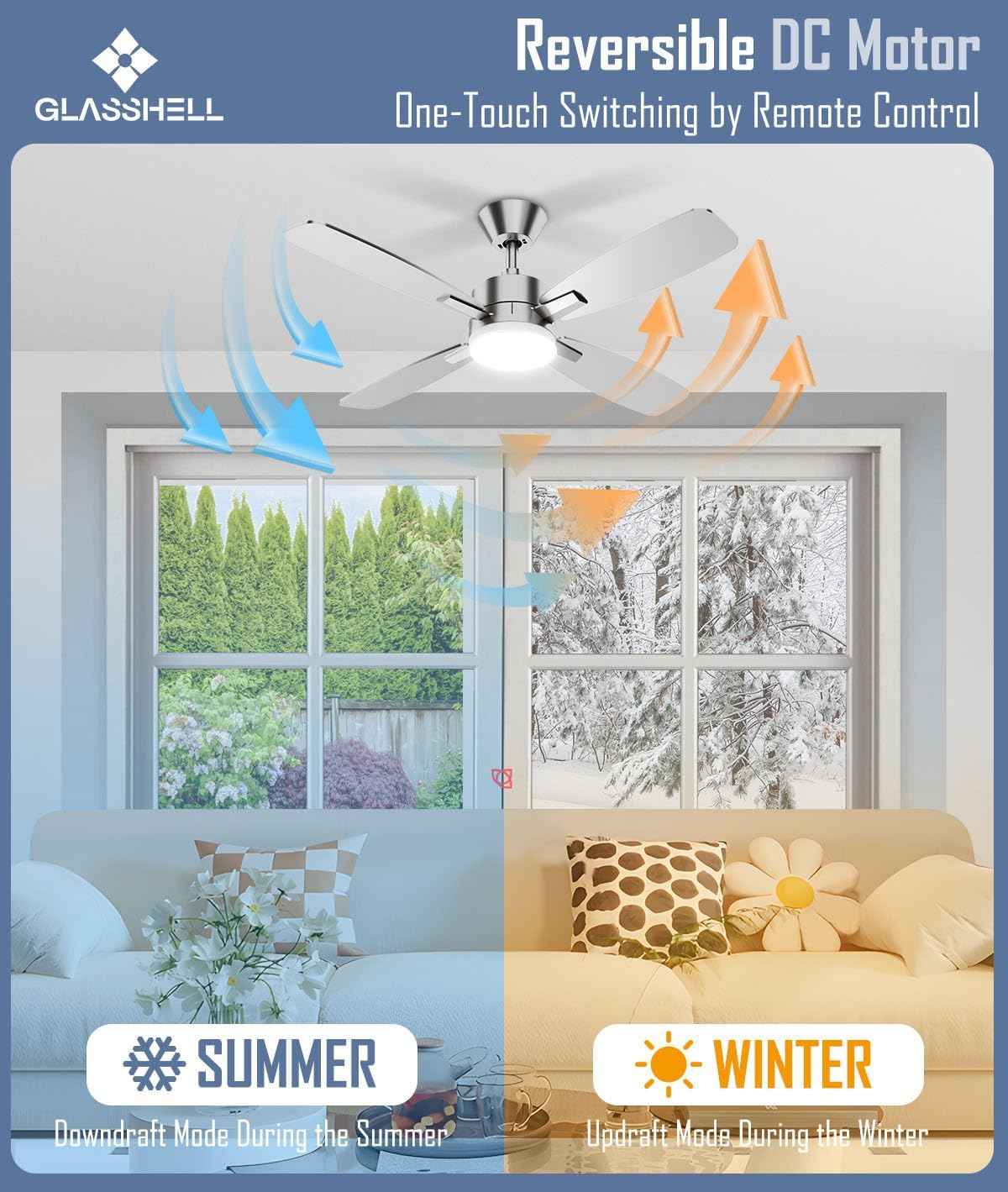 52-Inch Ceiling Fan with Remote Control & Dimmable Light - Noiseless DC Motor for Indoor/Outdoor Use