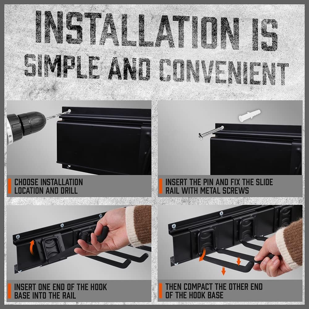 Heavy Duty Garage Organization Rack - 64-Inch Tool Storage with 600LB Capacity, 4 Rails & 9 Adjustable Hooks