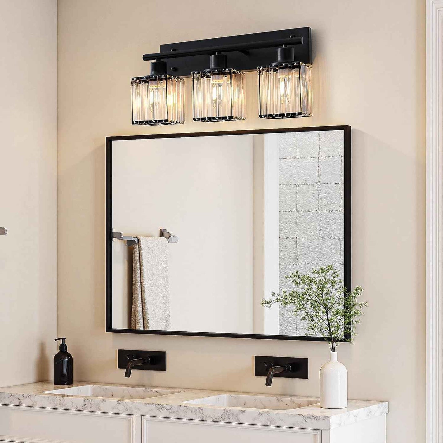 Modern 3-Light Crystal Vanity Light Fixture for Bathroom & Bedroom - Black Finish