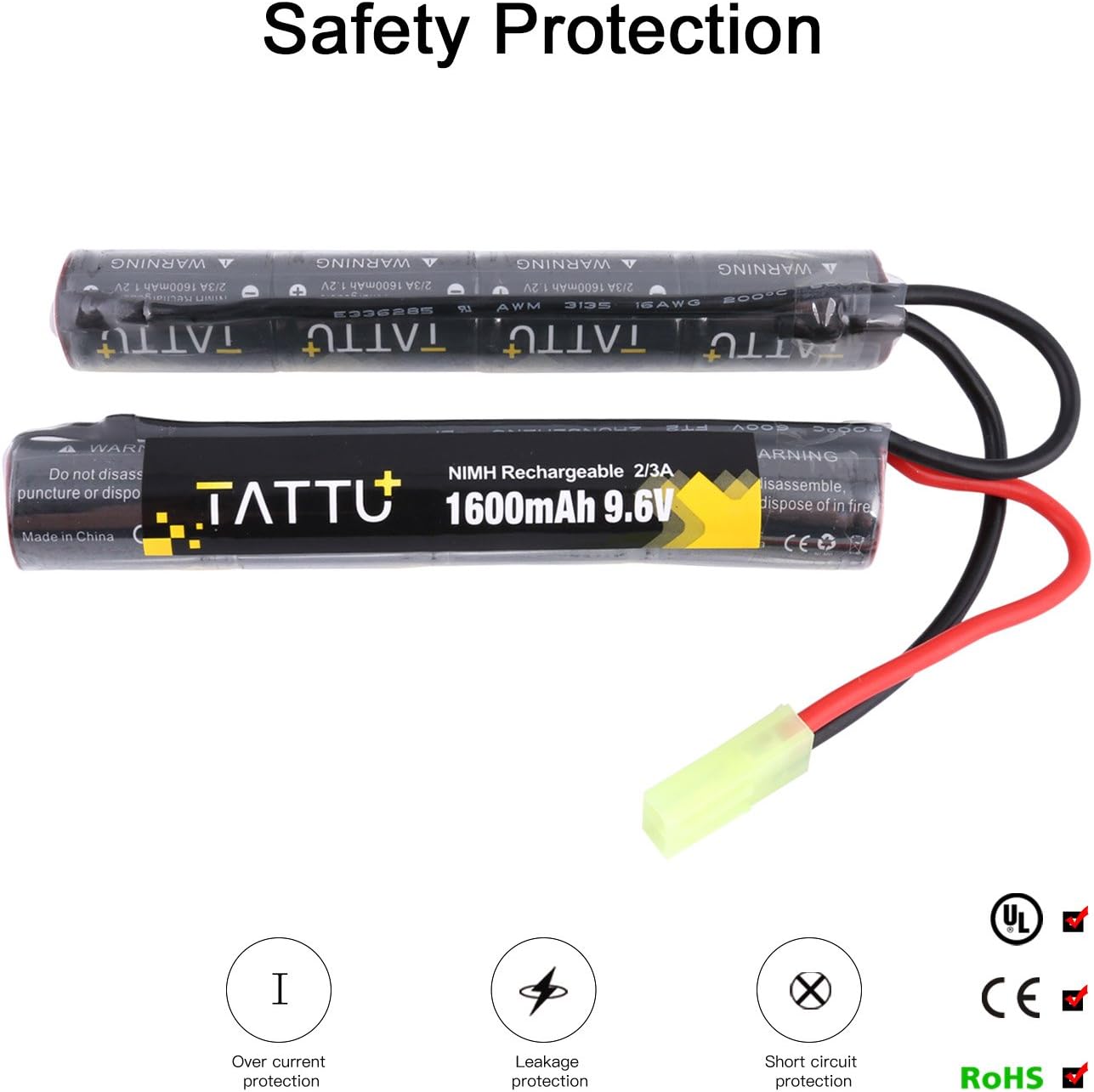 TATTU 9.6V NiMH Rechargeable Battery Pack - 1600mAh for Airsoft Nunchuck Stick | TMY Connector