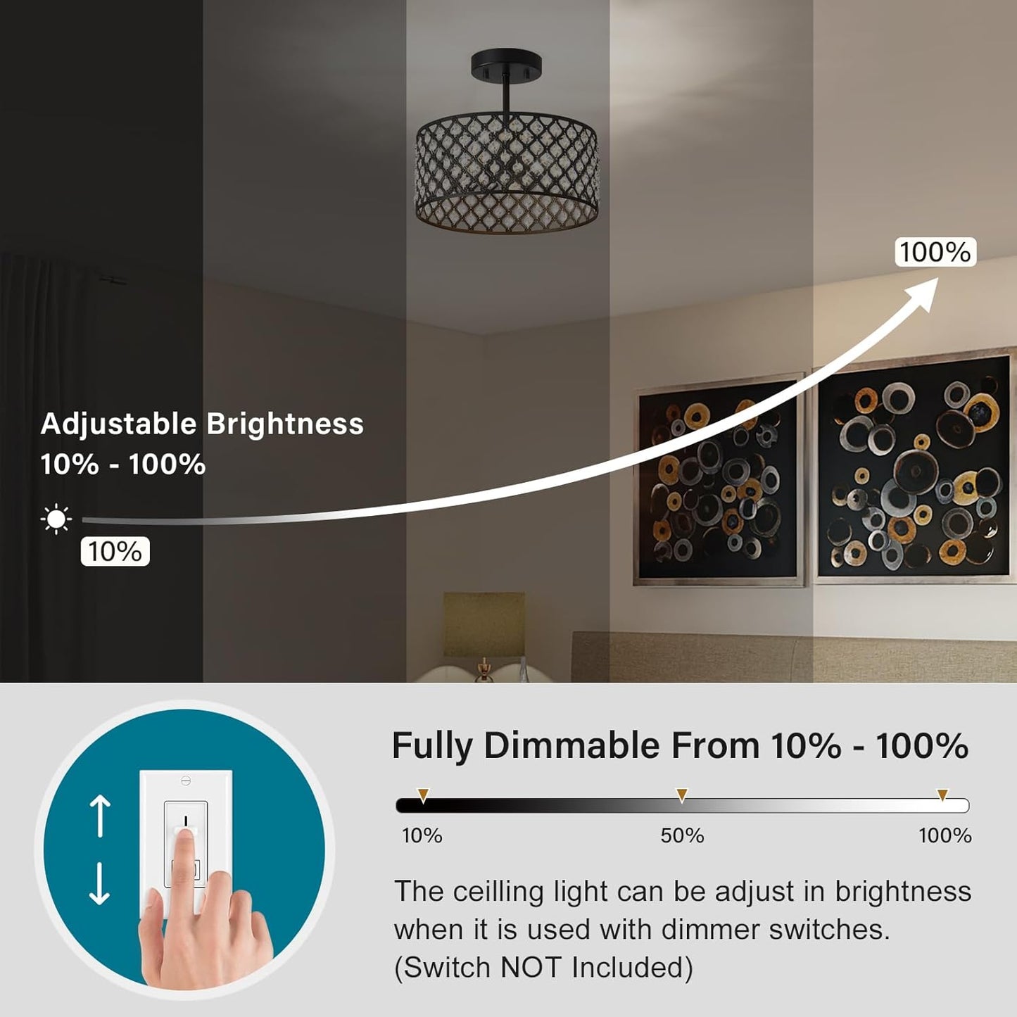 Modern Black Crystal Semi Flush Mount Ceiling Light Fixture - 11.2" Round Chandelier for Dining Room, Hallway, Kitchen & Bedroom