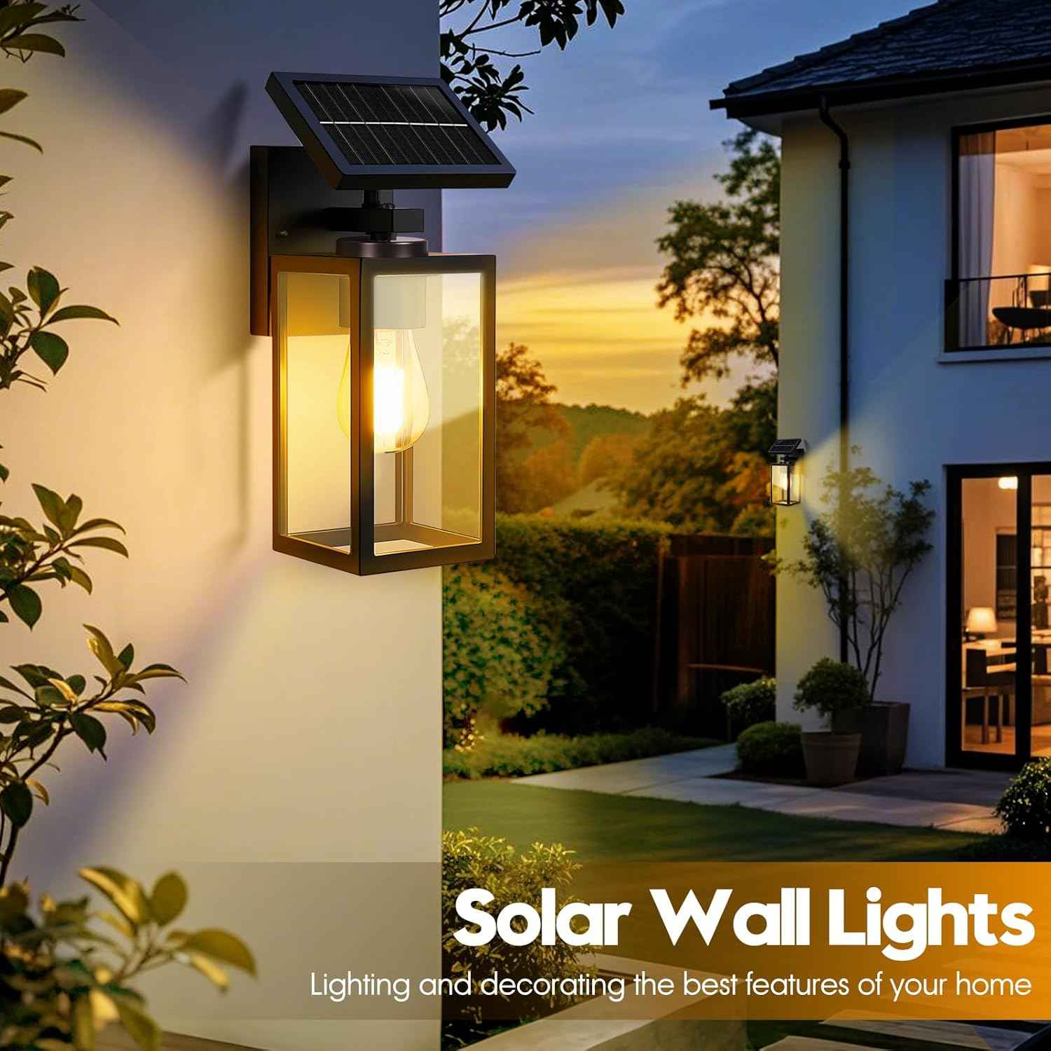 Solar Wall Lights Outdoor 2-Pack - All-Metal Dusk to Dawn Waterproof Lanterns for Porch, Garage, and Patio