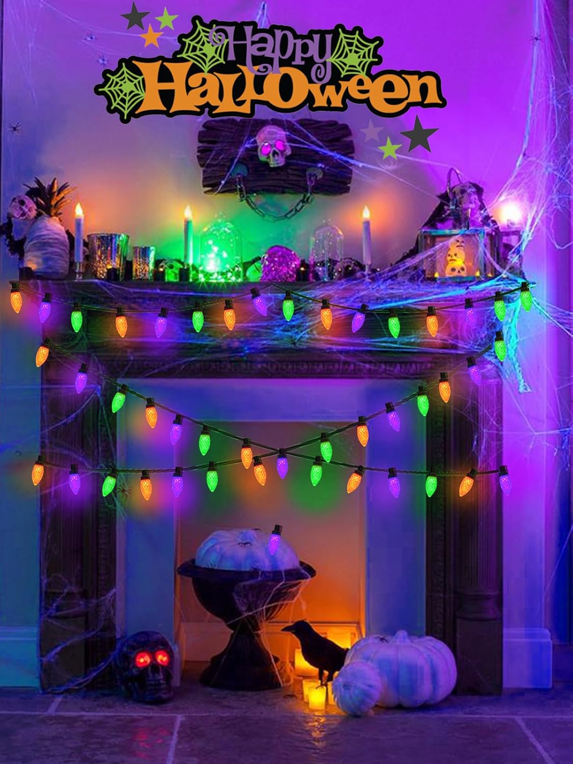 100 LED C9 Halloween String Lights - 66FT Waterproof Twinkle Lights with 8 Modes & Timer for Indoor/Outdoor Decor (Orange, Purple, Green) - 2-Pack