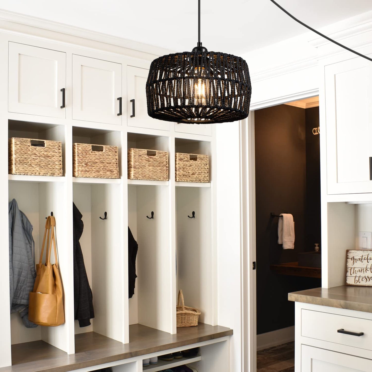 YongMing CL 11.42’’ Black Woven Plug in Pendant Light Fixture, Rustic Round Ceiling Hanging Light with Plug in Cord & On/Off Switch for Entry Bedroom Kitchen Island Living Dining Room Foyer