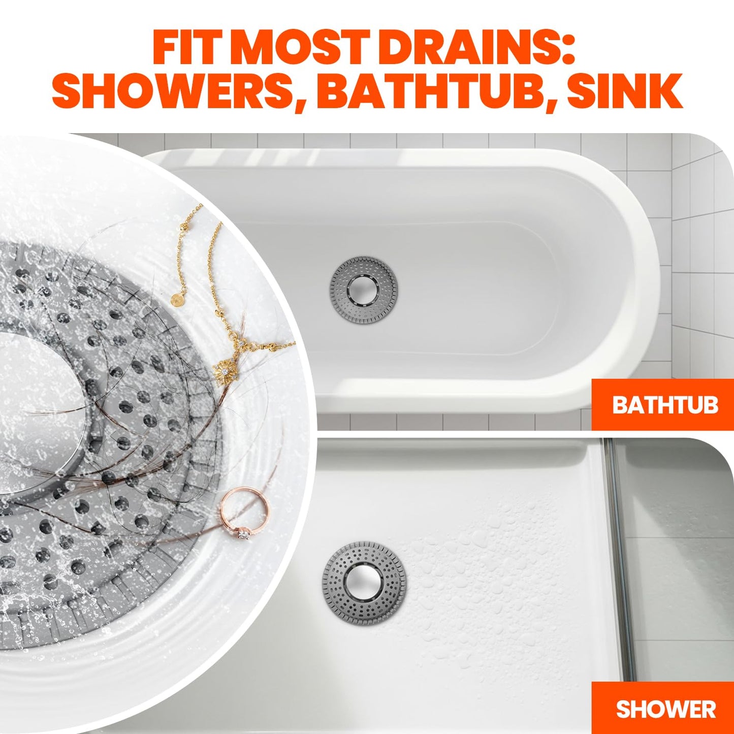 Nipoko Shower Drain Hair Catcher, Upgraded 2Pack Premium Silicone Drain Protector & Shower Drain Cover for Regular Floor Drains of Shower Room, Bathroom, 304 Stainless Steel, Gray