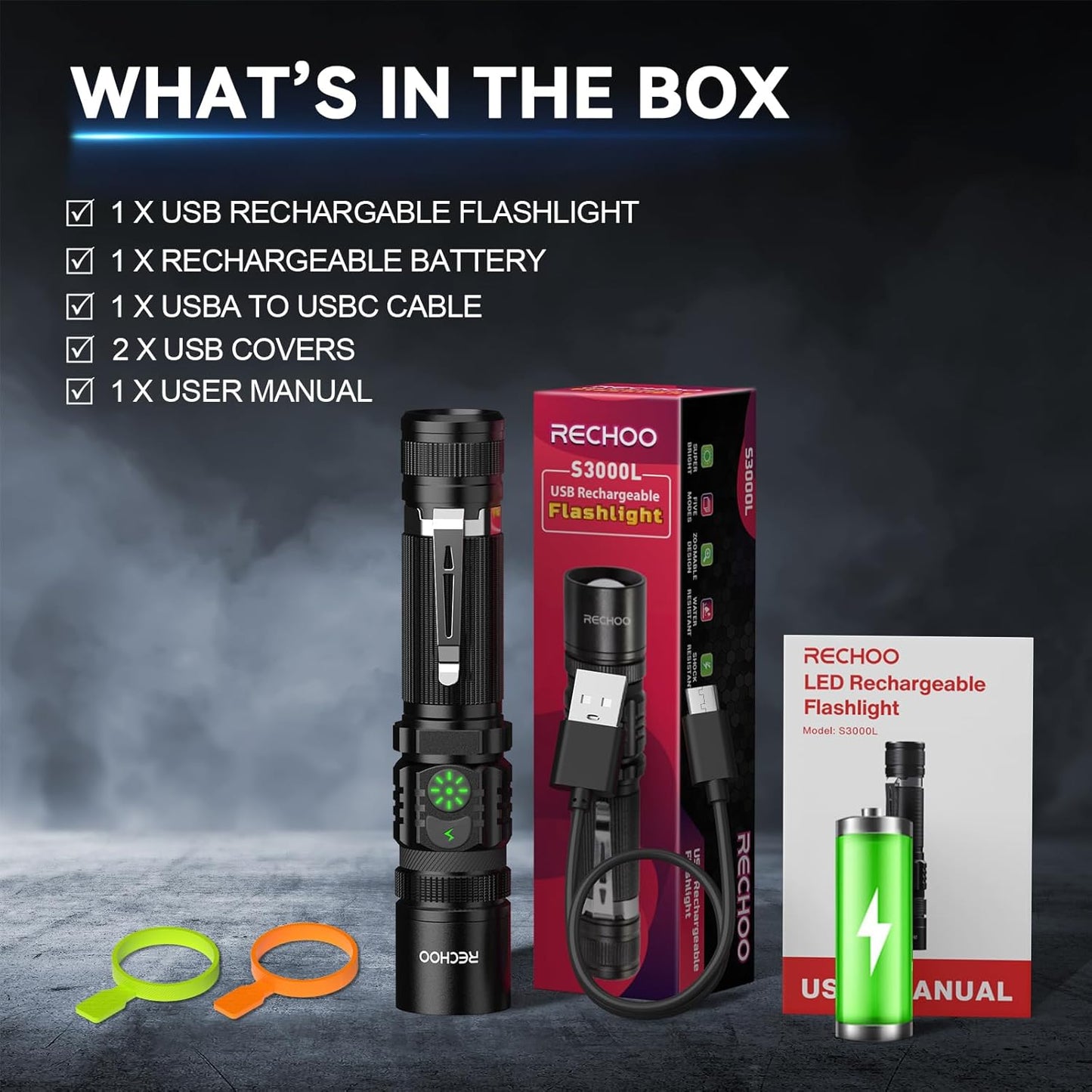 RECHOO Rechargeable LED Flashlight - High Lumens, Adjustable Focus, 5 Lighting Modes | Perfect for Home & Camping