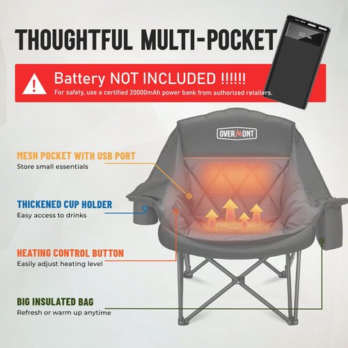 Overmont Gentle Heated Oversized Camping Chair for Adults - 3 Levels Seat & Back Separately Control - 400lbs Support Heavy Duty Padded Folding Chair Outdoor Garden Portable - Battery NOT Included