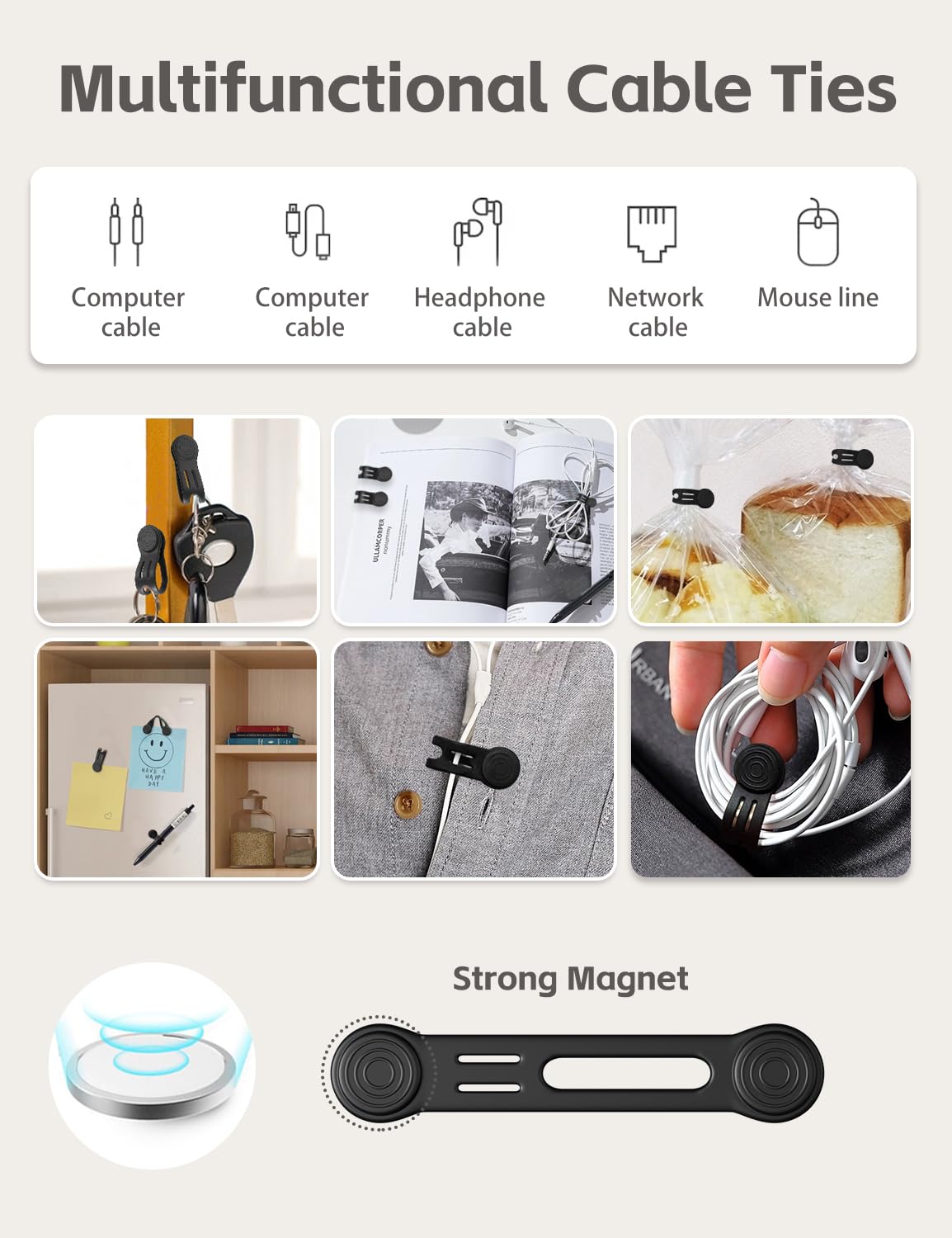 Maveek 10 Pcs Cable Ties Magnetic Cord Organizer Storage Travel For Laptop Computer Earphones USB Phone Charging Wires, Small Cord Wraps Keeper Clips - Black