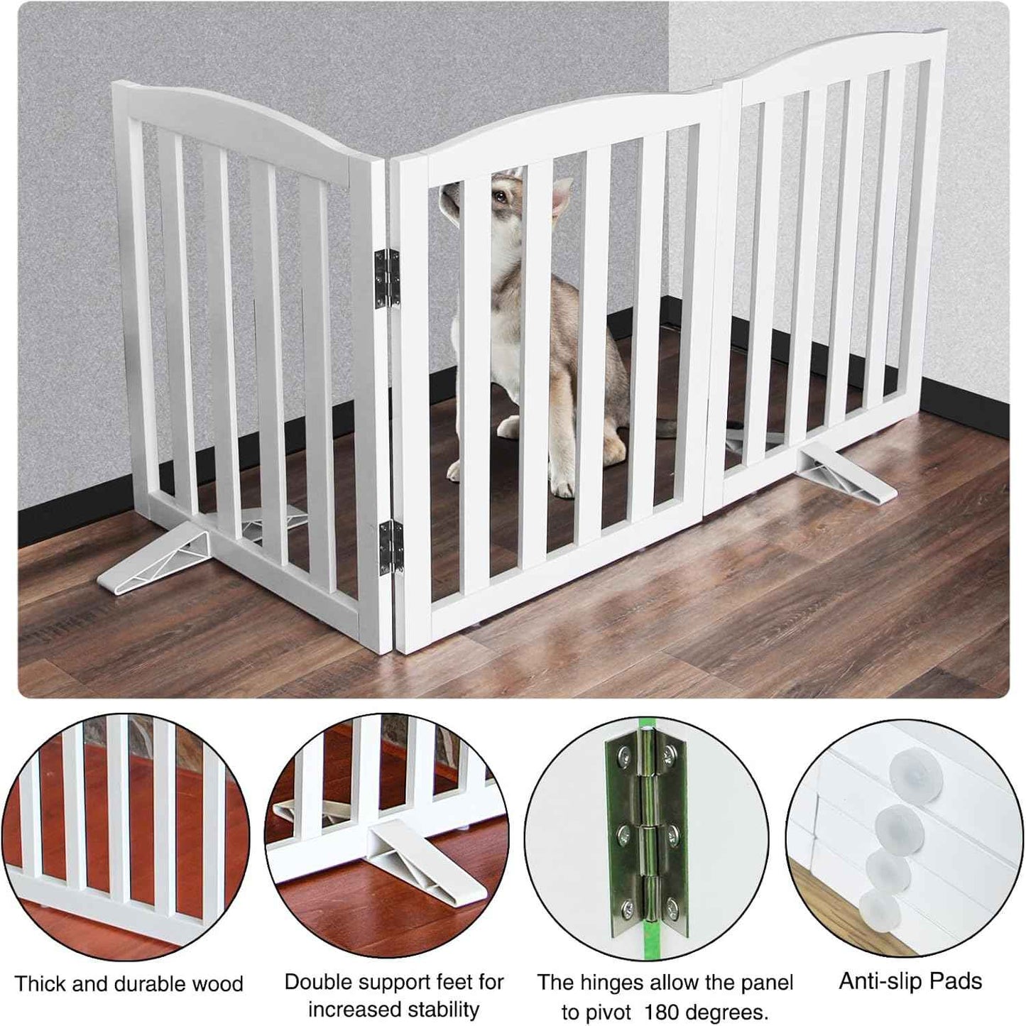 Foldable Indoor Dog Gate - 3-Panel Freestanding Pet Fence for Stairs & Hallways, 24" Height, White Wood
