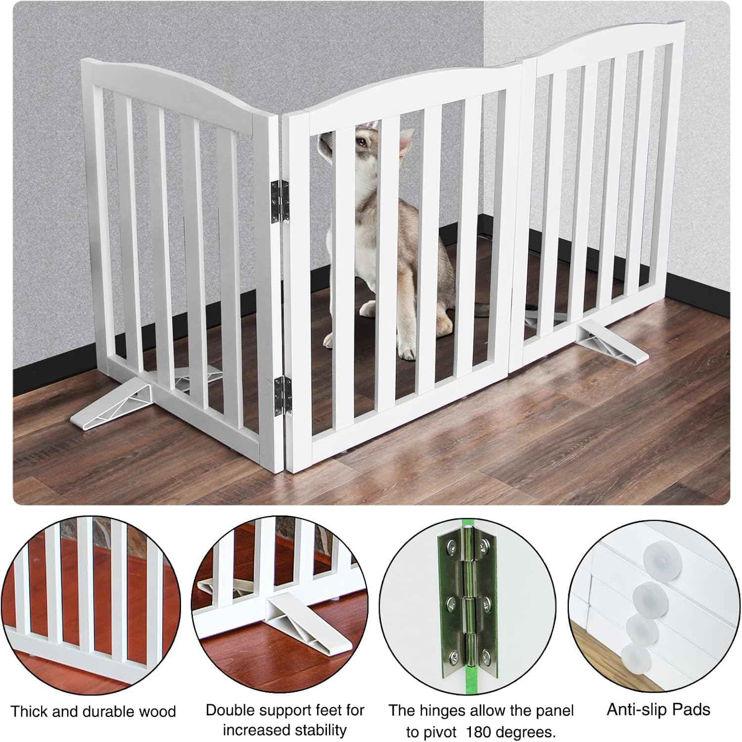 Foldable Indoor Dog Gate - 3-Panel Freestanding Pet Fence for Stairs & Hallways, 24" Height, White Wood