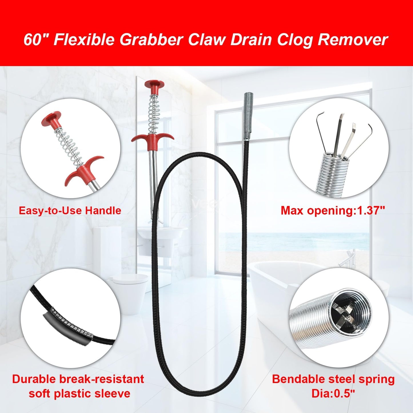 JOYFUL&HOPEFUL Drain Clog Remover Tool, 60" Stainless Steel Drain Unblocker,40" Snake Remover, 60" Pipe Cleaner Brush,24" Drain Cleaning Snake,5PCS, For Toilet, Kitchen Sink, Bathroom Tub, Sewer