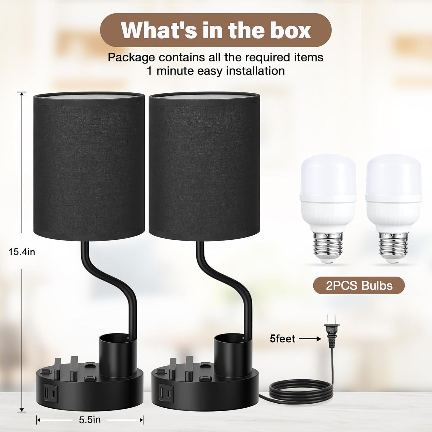 Set of 2 Bedside Table Lamps with USB & AC Outlet - 3 Color Temperatures, Desk Light & Phone Stand for Bedroom, Living Room, Office