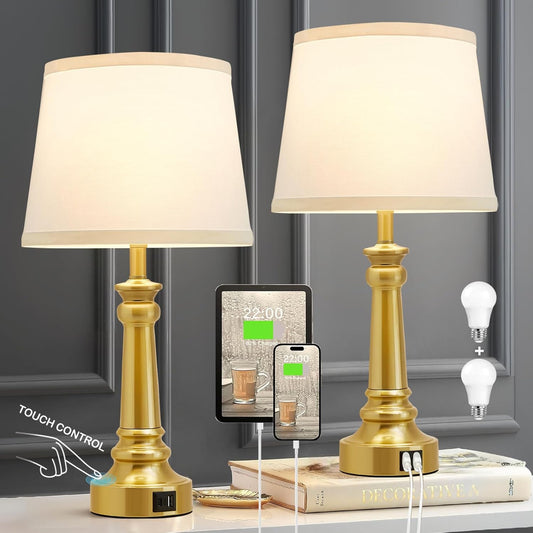 Touch Bedside Table Lamps Set of 2 with USB C+A Ports - 3-Way Dimmable Linen Shade