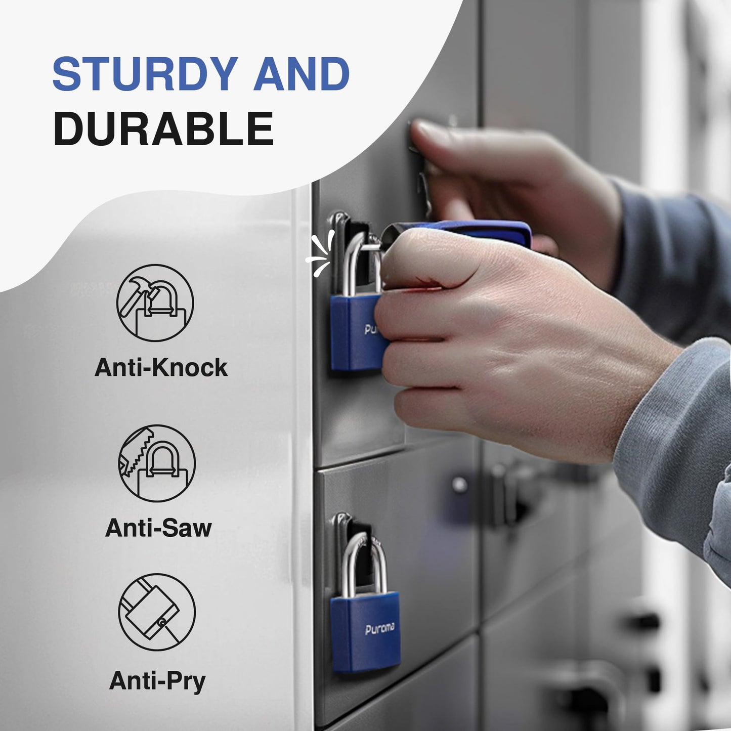 Puroma Lock Keyed Padlock, 2 Pack Aluminum Locks with 3 Keys Alike, 1.1 Inch Locker Lock 43mm Small Padlocks for Gate, Fence, Shed, Toolbox, School Gym Locker (Blue)