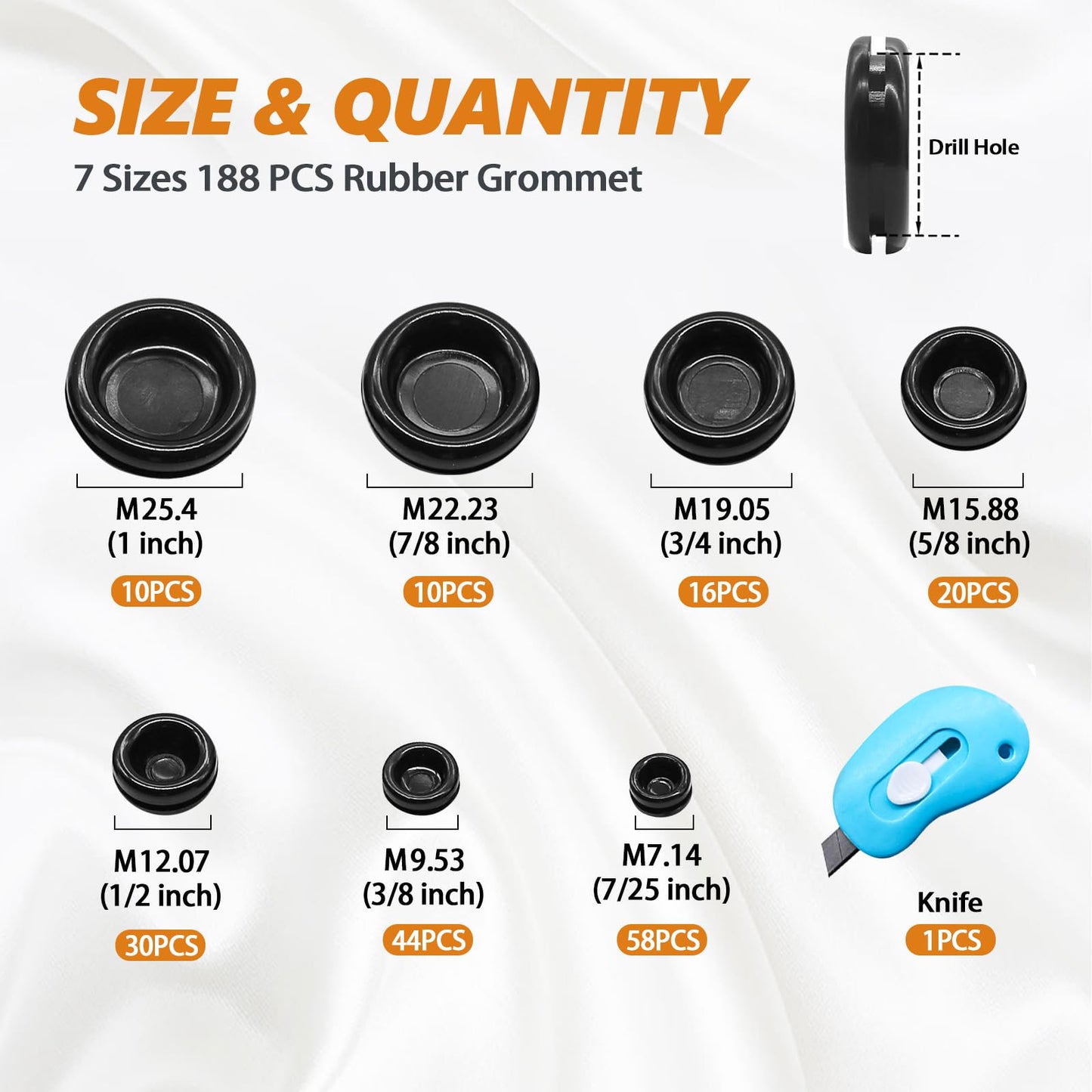 mankk 188PCS Closed Rubber Grommet Kit Firewall Hole Plug Assortment Kit 7 Size(7/25" 3/8" 1/2" 5/8" 3/4" 7/8" 1") Drill Hole Round Rubber Hole Plug with Knife