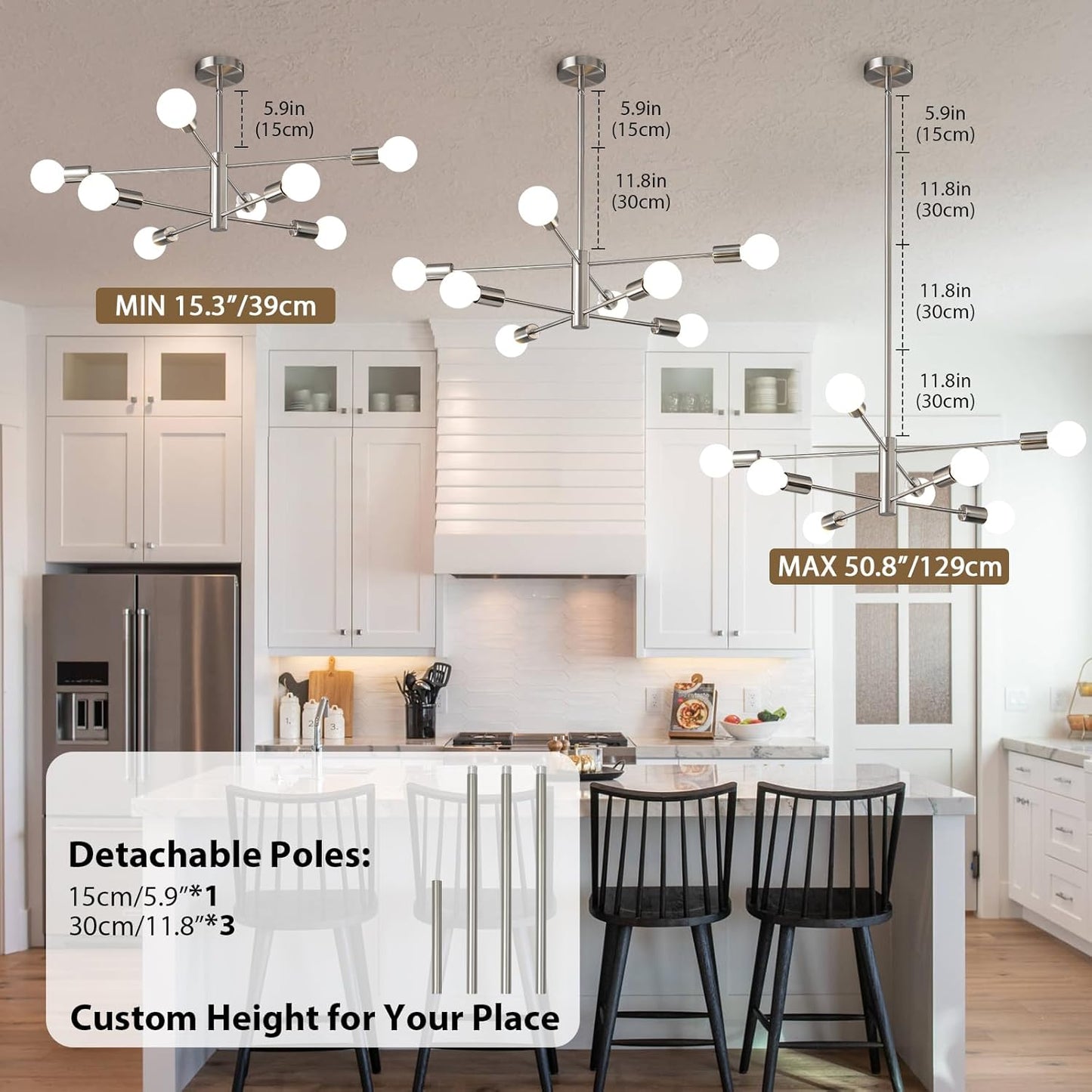 8-Light Gold Sputnik Chandelier - Modern Adjustable Ceiling Light for Dining Room, Kitchen & Foyer