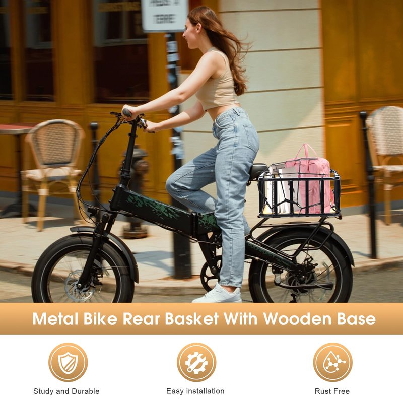 PIREKZUNT Bike Rear Basket with Waterproof Cover, Cargo Net, Wooden Base, 13.8"X11.8"X6.7" Heavy Duty Metal Ebike Rear Basket