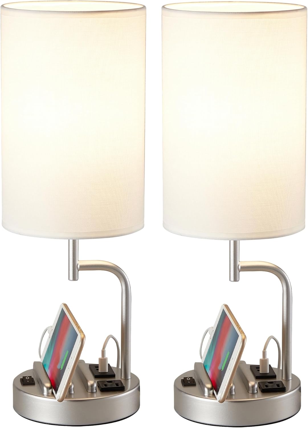 Modern Table Lamp with 3 USB Ports & AC Outlet - Set of 2 Bedside Desk Lamps in Silver
