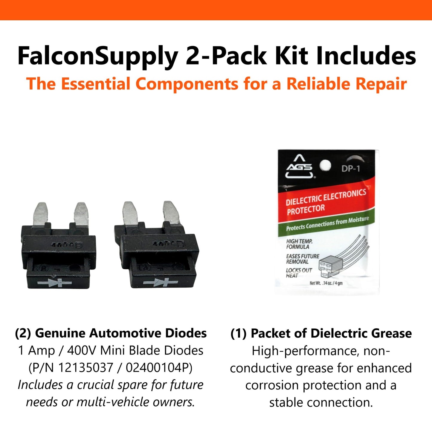 FalconSupply Genuine Aptiv 12135037 / Littelfuse 02400104P (2-Pack Kit) 1A/400V Mini Blade Automotive 12V Diode Fuse, OEM Replacement for GM AC Compressor Clutch Coil, Fits Buick, Chevy, GMC, Pontiac