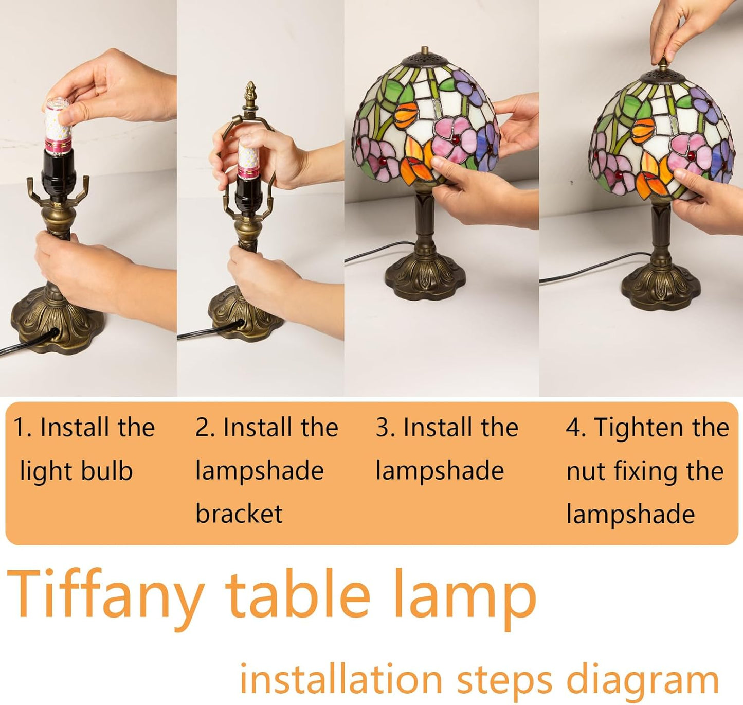 Tiffany Table Lamp - 8 Inch Antique Stained Glass, 3 Color Temperatures, Handcrafted for Bedroom & Living Room