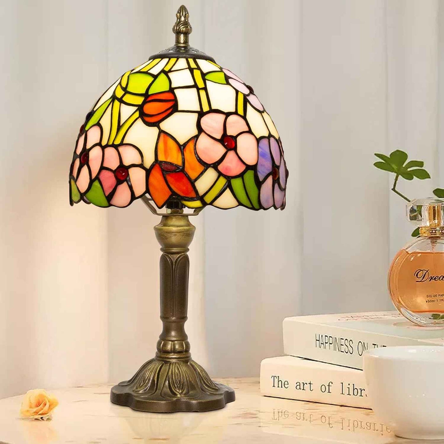 Tiffany Table Lamp - 8 Inch Antique Stained Glass, 3 Color Temperatures, Handcrafted for Bedroom & Living Room