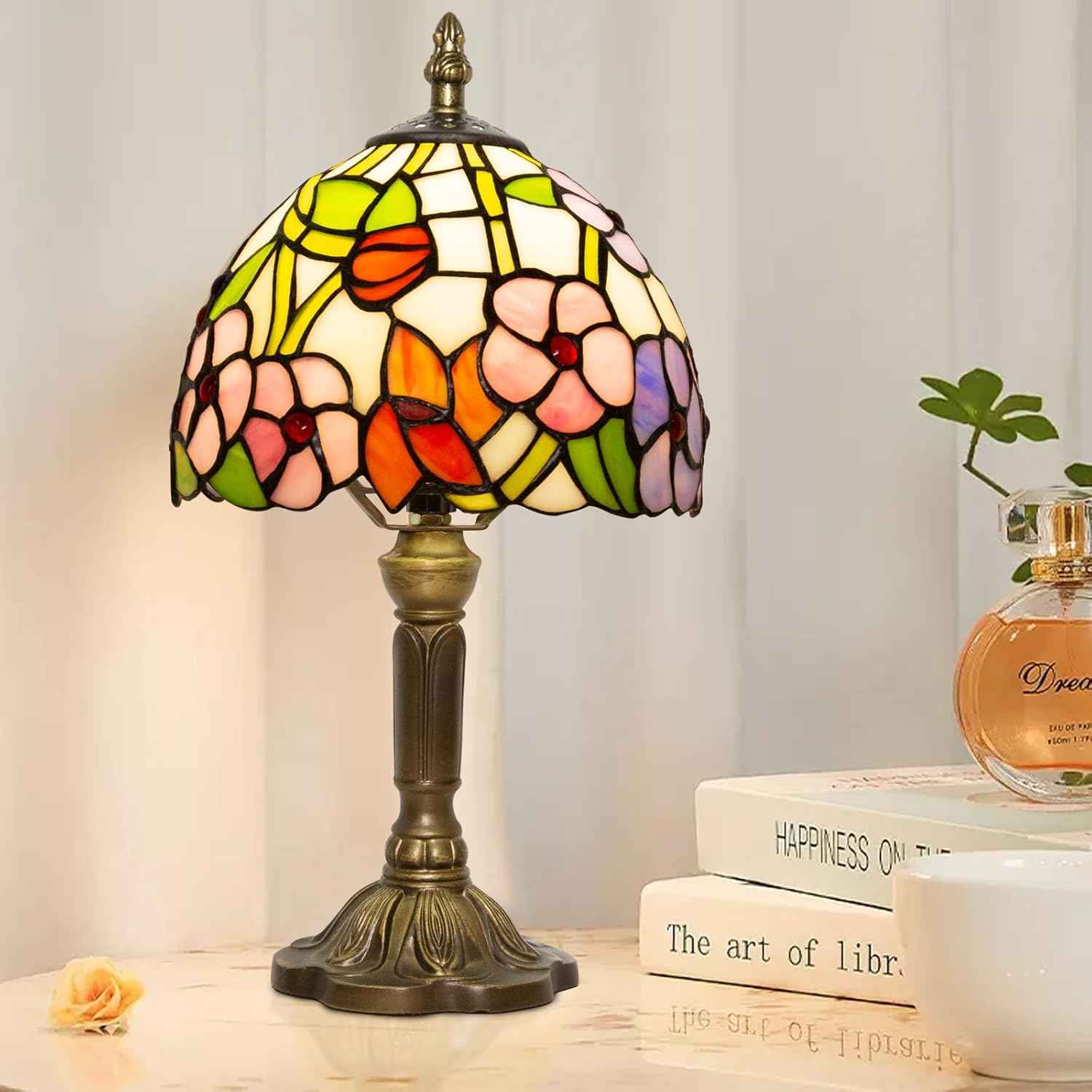 Tiffany Table Lamp - 8 Inch Antique Stained Glass, 3 Color Temperatures, Handcrafted for Bedroom & Living Room