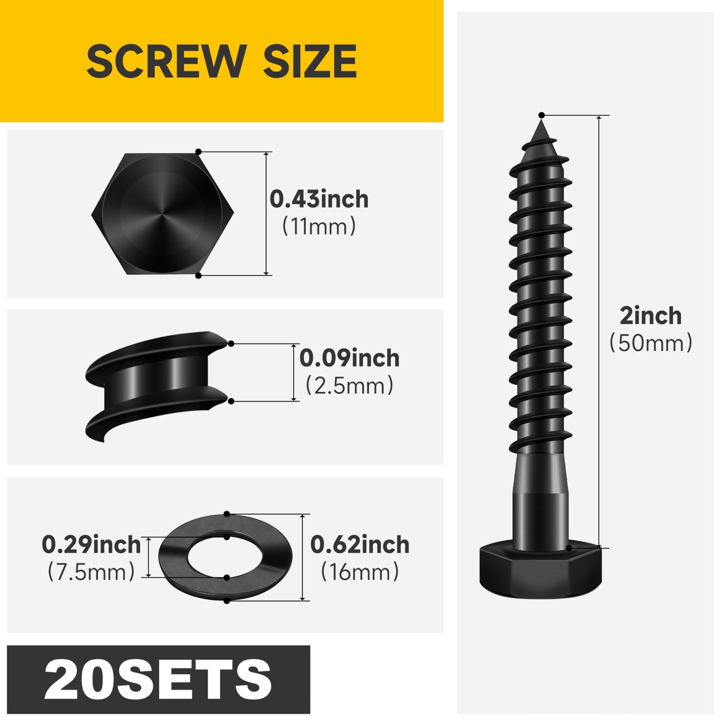 MYWISH (20Sets) 1/4" x 2" Hex Head Lag Bolts, Heavy Duty Lag Screws with Washers, 304 Stainless Steel Bolts 18-8, Lag Screws Wood Screws, Partial Thread Black Oxide, 1/4 Bolt