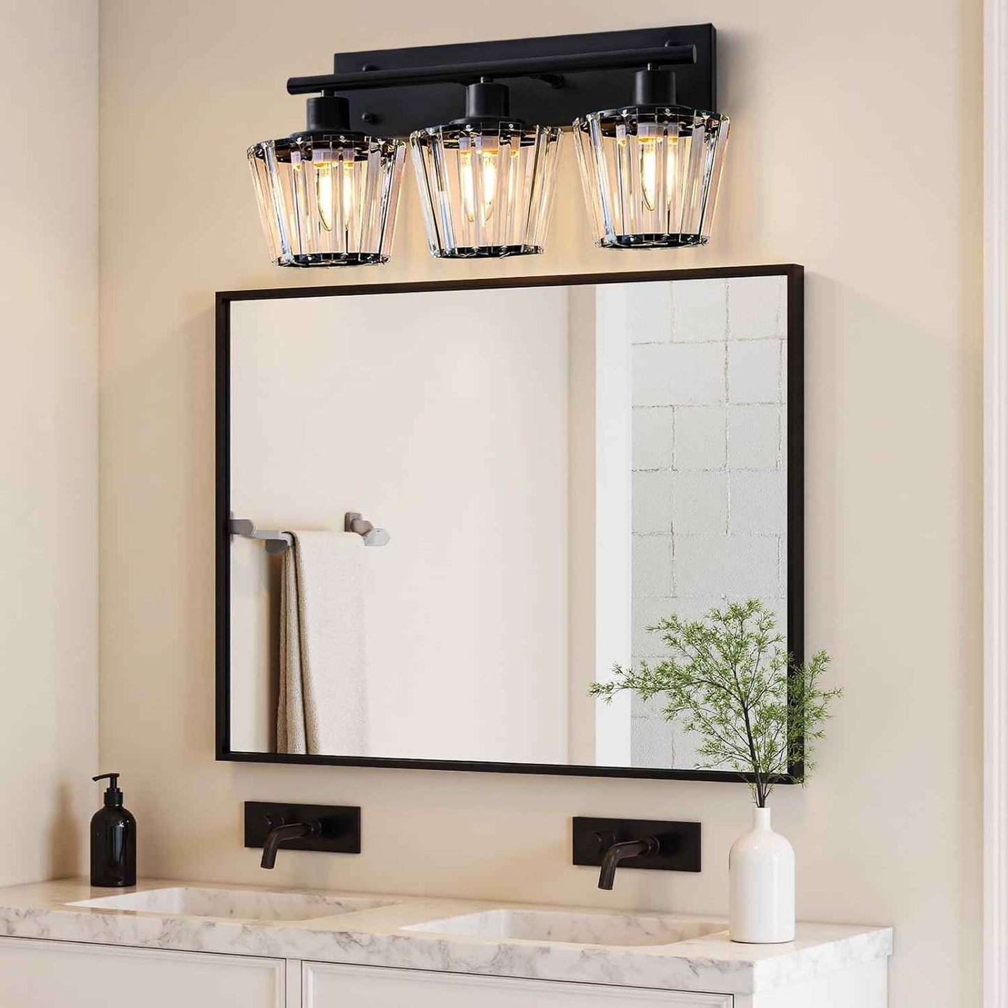Modern 3-Light Crystal Vanity Light Fixture for Bathroom & Bedroom - Black Finish
